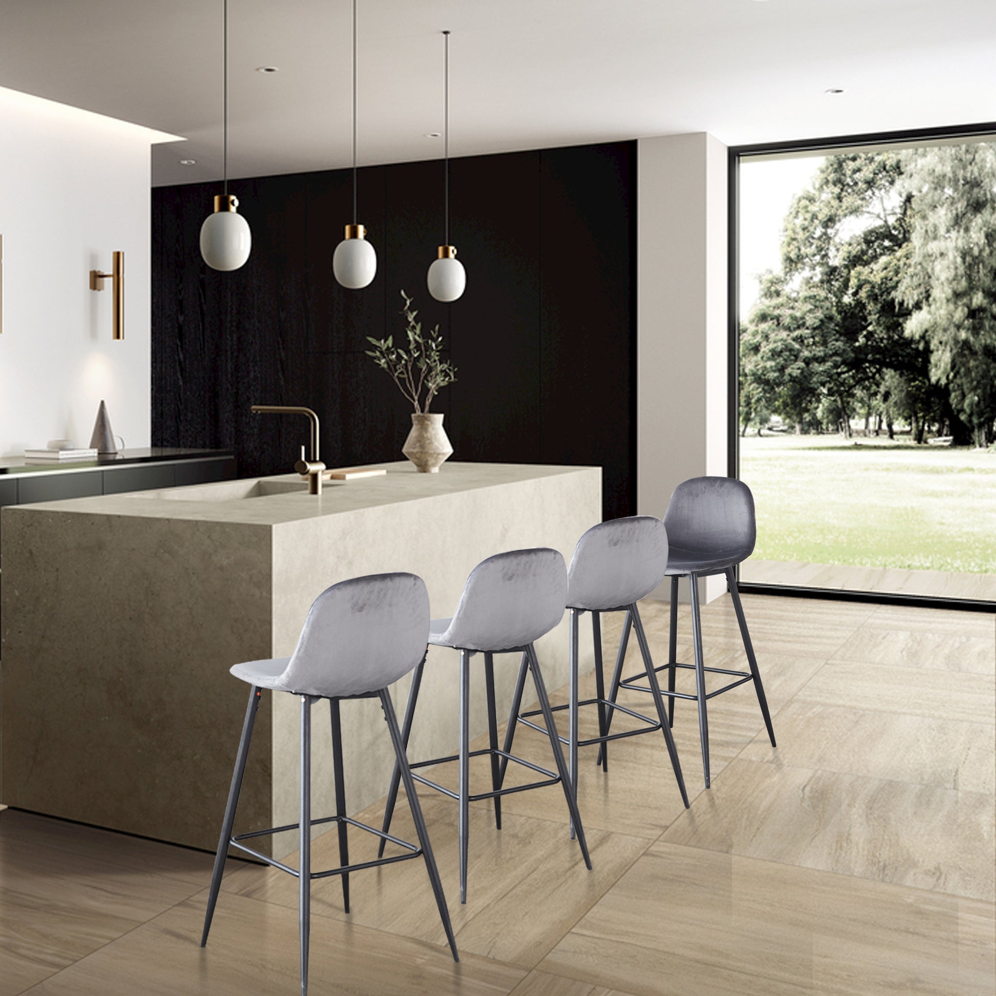 Bar Stools Set Of 2, 30 Inches Velvet Barstool Modern Counter Bar Height Chair With Back, Sturdy Metal Legs & Footrests, Easy Assembly, Island Stool For Kitchen Bar Dark Grey Velvet