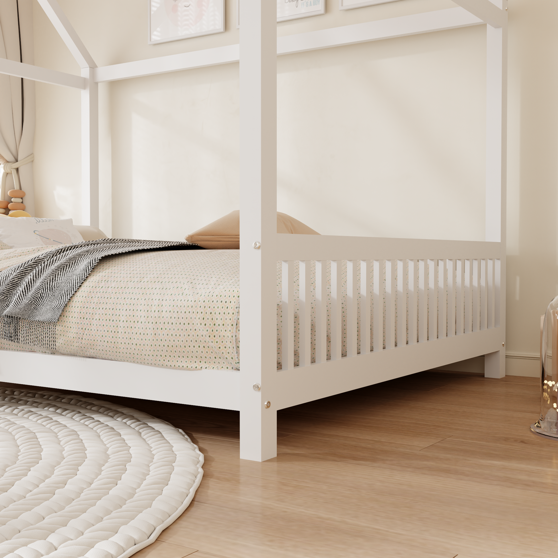 Wood Full Size House Bed With Guardrail And Led, White Box Spring Not Required Full White Wood Bedroom Solid Wood Mdf