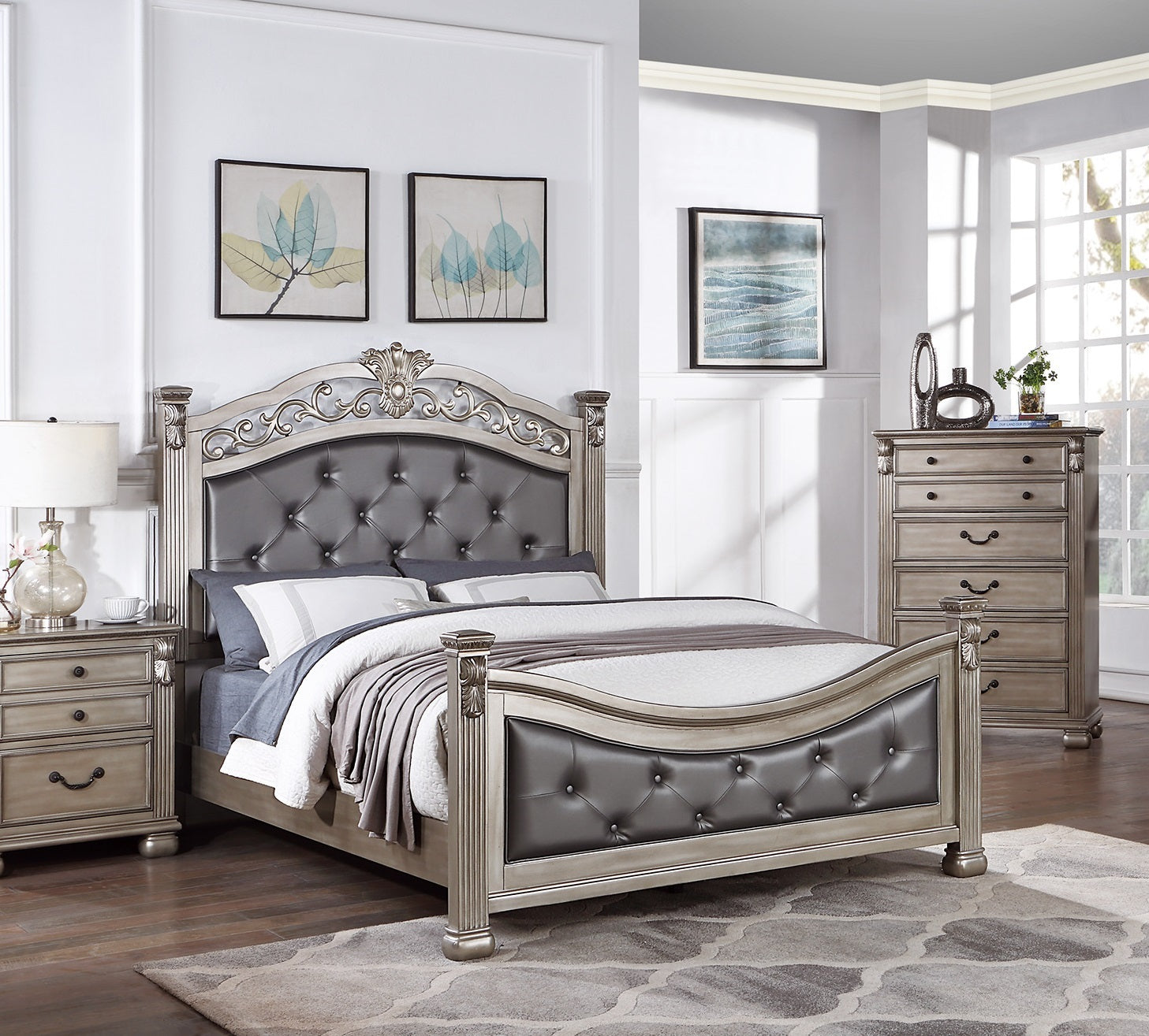 Formal Traditional Antique Silver 1Pc California King Size Bed Tufted Faux Leather Headboard Footboard Bedframe Box Spring Required California King Antique Silver Wood Bedroom American Traditional,Classic,Contemporary,Luxury,Traditional Pine Bed Frame