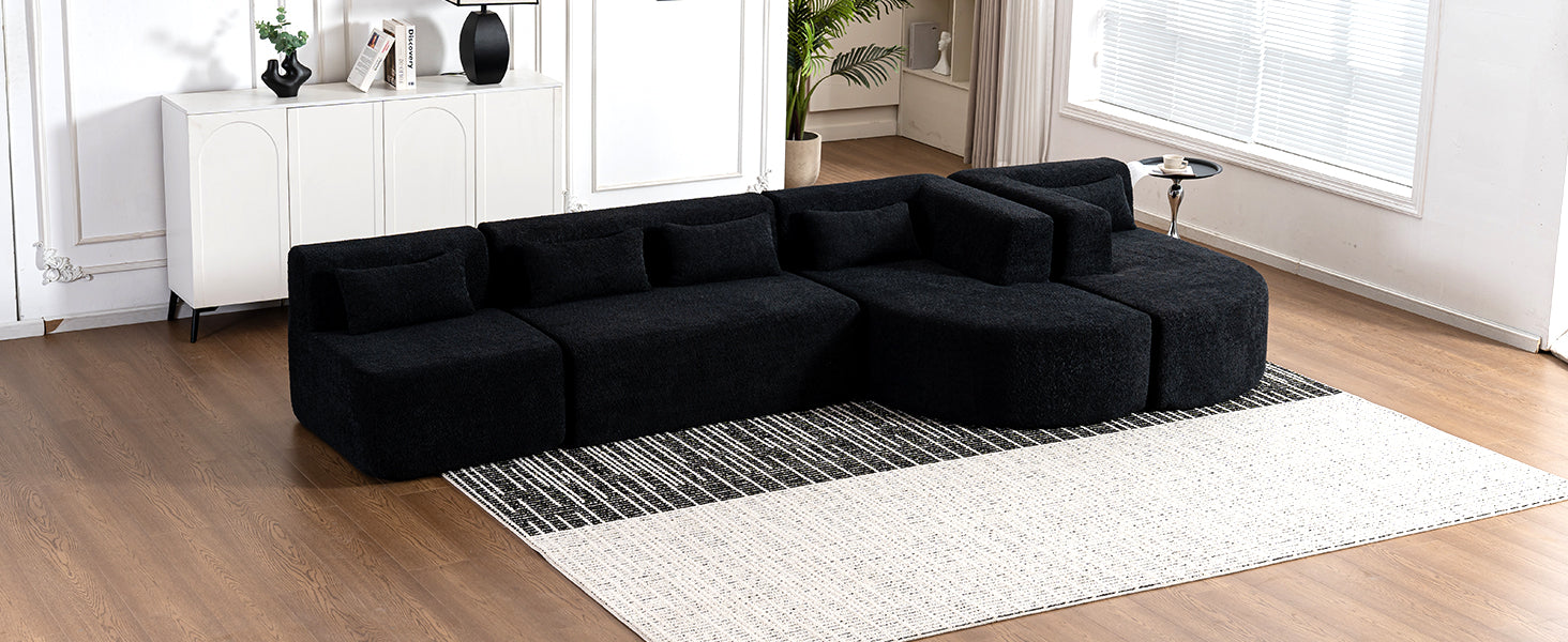 143.7" Upholstered Sofa Free Combined Sofa Couch With Two Chaise Lounge And Five Back Pillows For Living Room, Black Black Foam Polyester 5 Seat