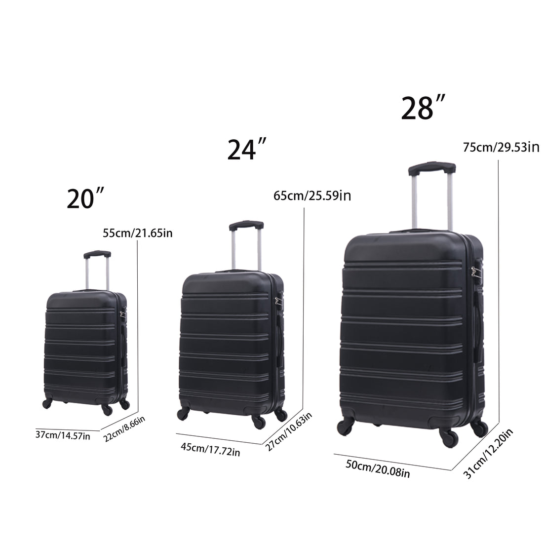 Luggage Universal Wheel Hard Shell Lightweight Password Lock Family Set Black, 3 Piece Set 20 Inches 24 Inches 28 Inches Black Abs