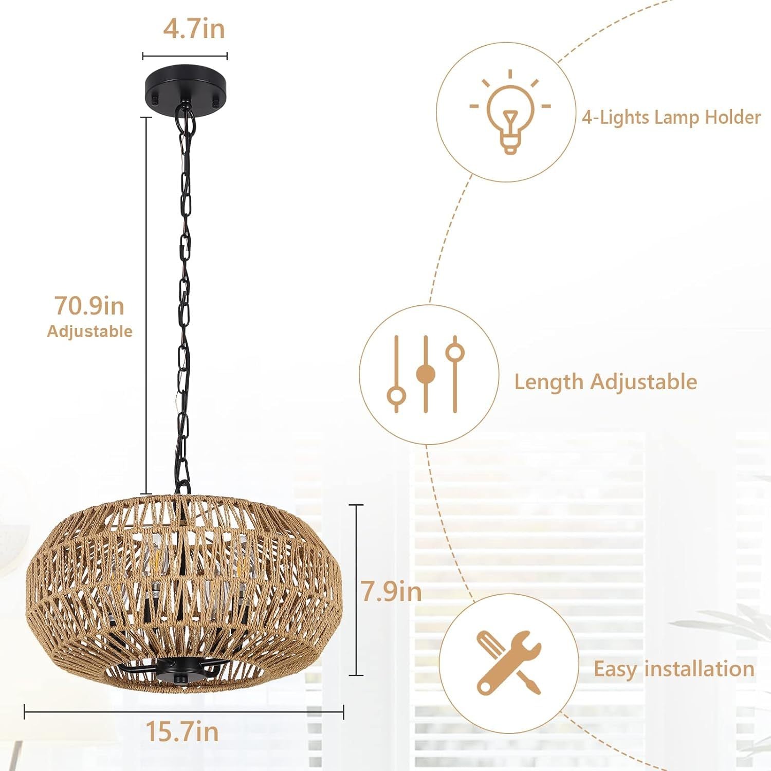 Farmhouse Rattan Pendant Lights, 15.7" 4 Light Boho Chandelier Light Fixture, Wicker Hand Woven Basket Pendant Hanging For Dining Room Living Room Kitchen Island Bedroom Foyer, Height Adjustable Brown Rattan Metal