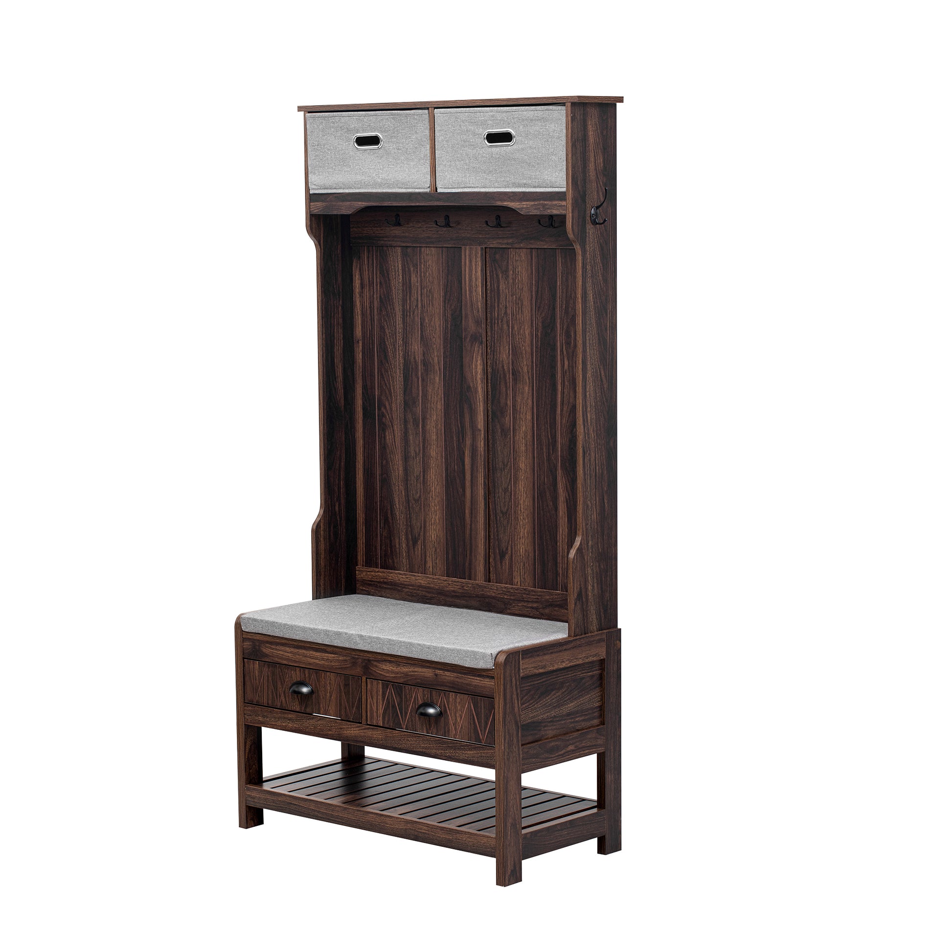 Hall Tree With 6 Hooks And Hinged Lid, Coat Hanger, Entryway Bench, Storage Bench, 3 In 1 Design, 69Inch, For Entrance, Hallway Brown Mdf