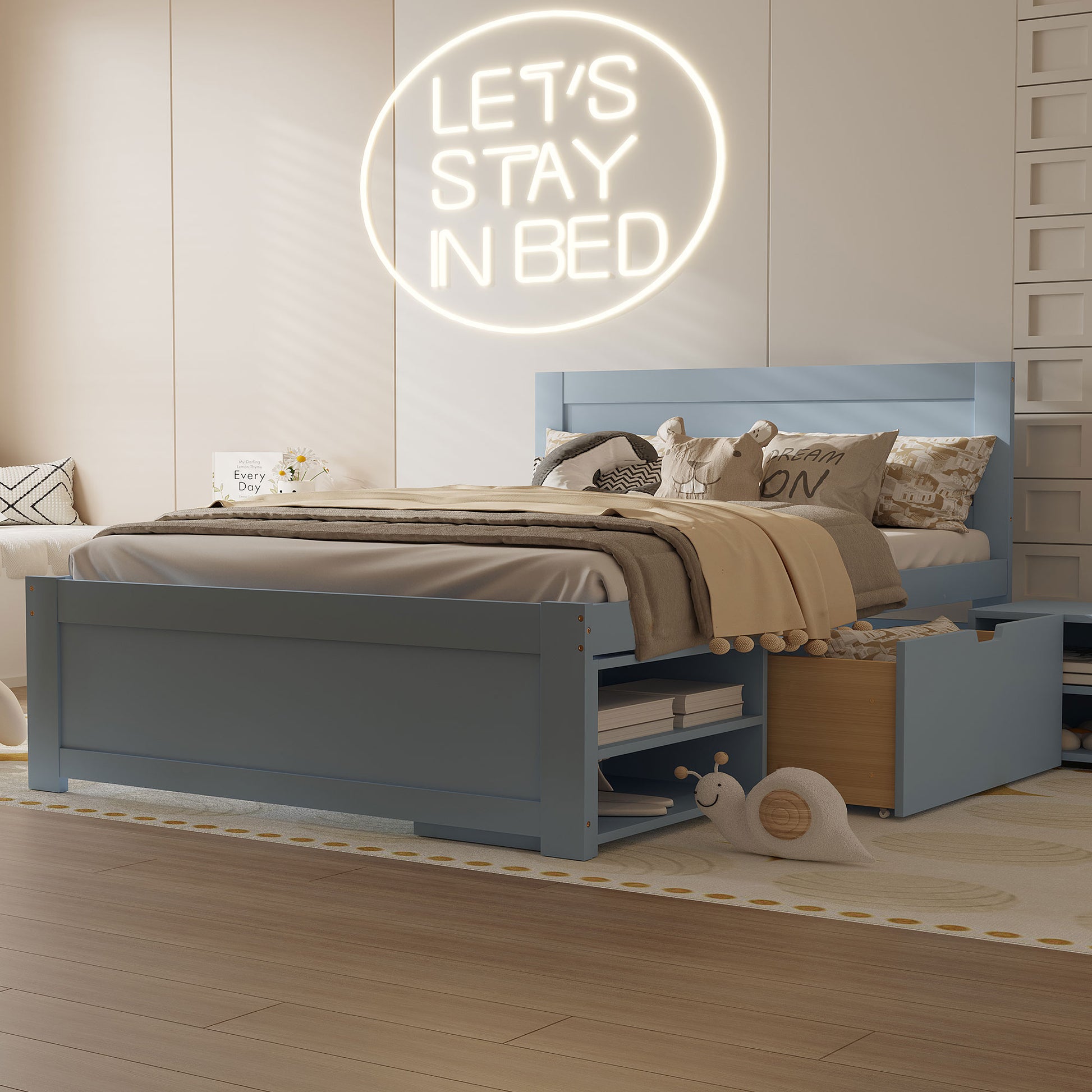 Full Size Platform Bed With Drawer And Two Shelves, Gray Full Gray Mdf Lvl