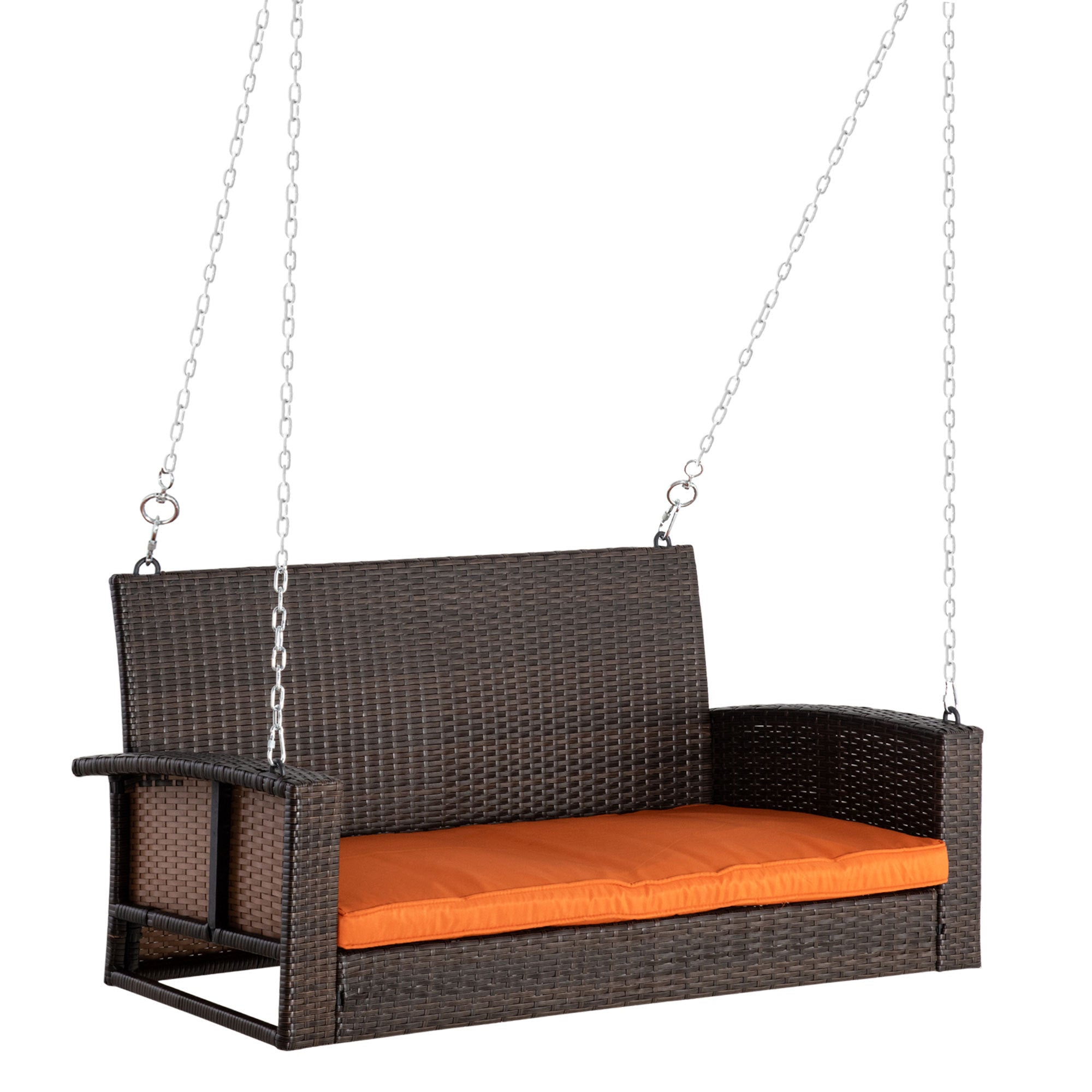 Outsunny 2 Person Wicker Hanging Swing Bench, Front Porch Swing Outdoor Chair With Cushions 550 Lbs. Weight Capacity For Backyard, Garden, Orange Orange Rattan Metal