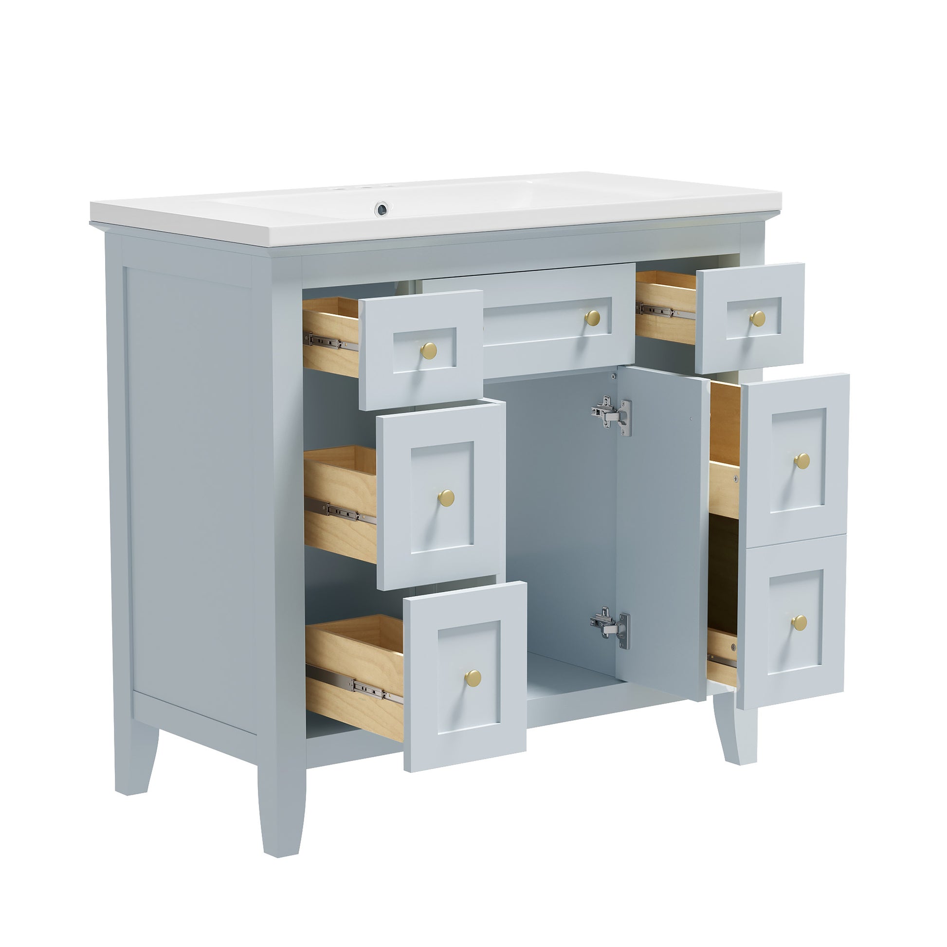 36'' Bathroon Vanity With Resin Sink Combo Set, Modern Freestanding Single Bathroom Cabinet With 6 Drawers & 2 Cabinets, Storage Cabinet For Bathroom, Solid Wood Frame Vanity Set, Light Blue 4 Light Blue 2 Bathroom Freestanding Modern Solid Wood Mdf