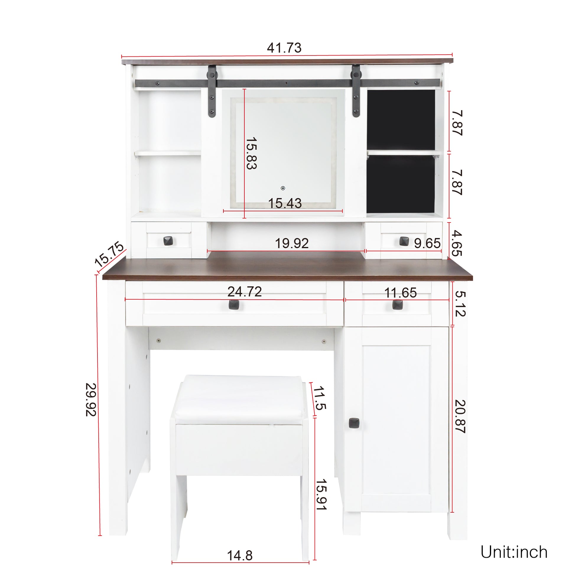 Farmhouse Makeup Vanity With Mirror And Lights,41.73" Wide Vanity Desk ,Vanity Table With 4 Drawers And 1 Cabinet,3 Color Modes, Dressing Table For Bedroom White Walnut Particle Board Mdf