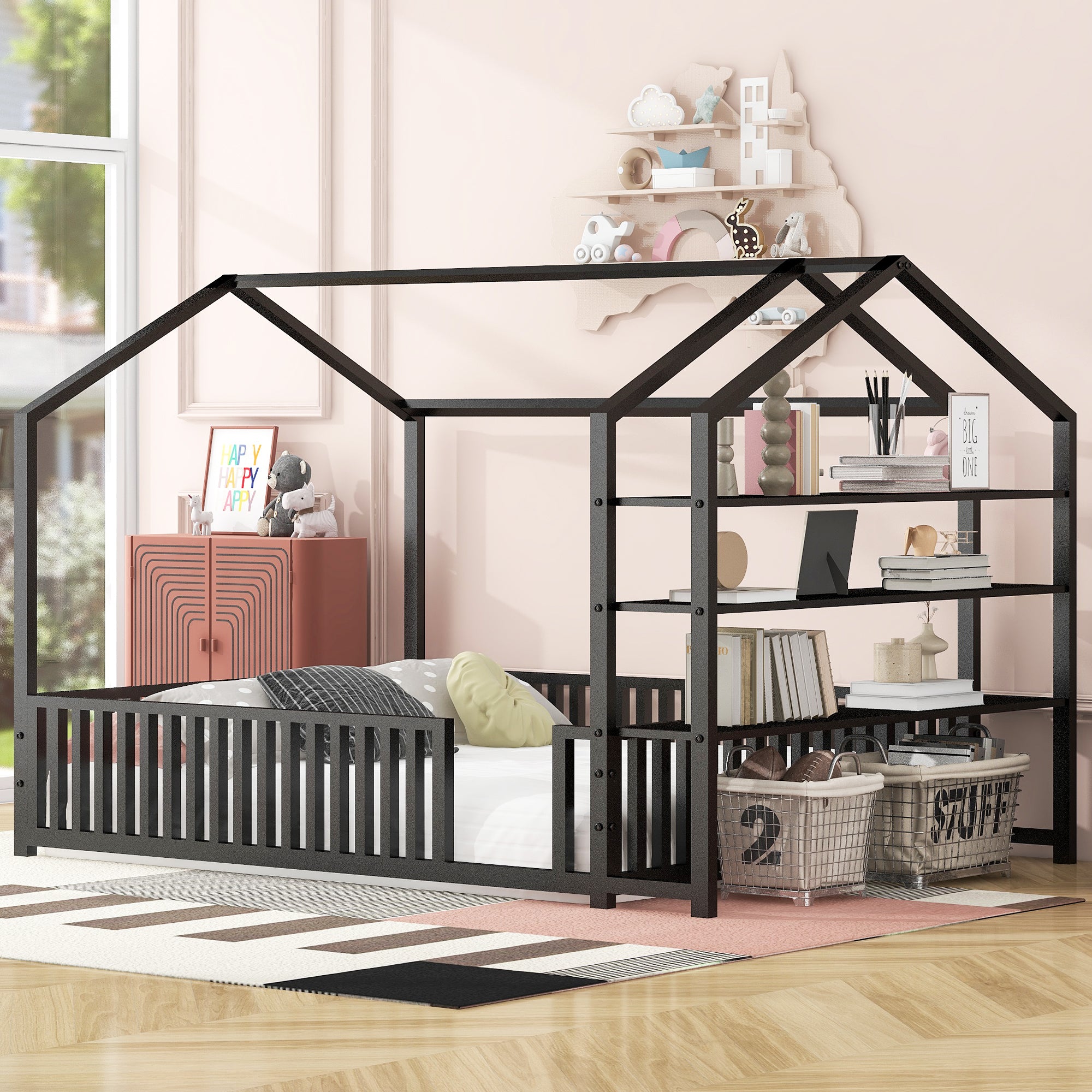 Full Size Metal House Bed With Fence And Detachable Storage Shelves, Black Full Black Metal