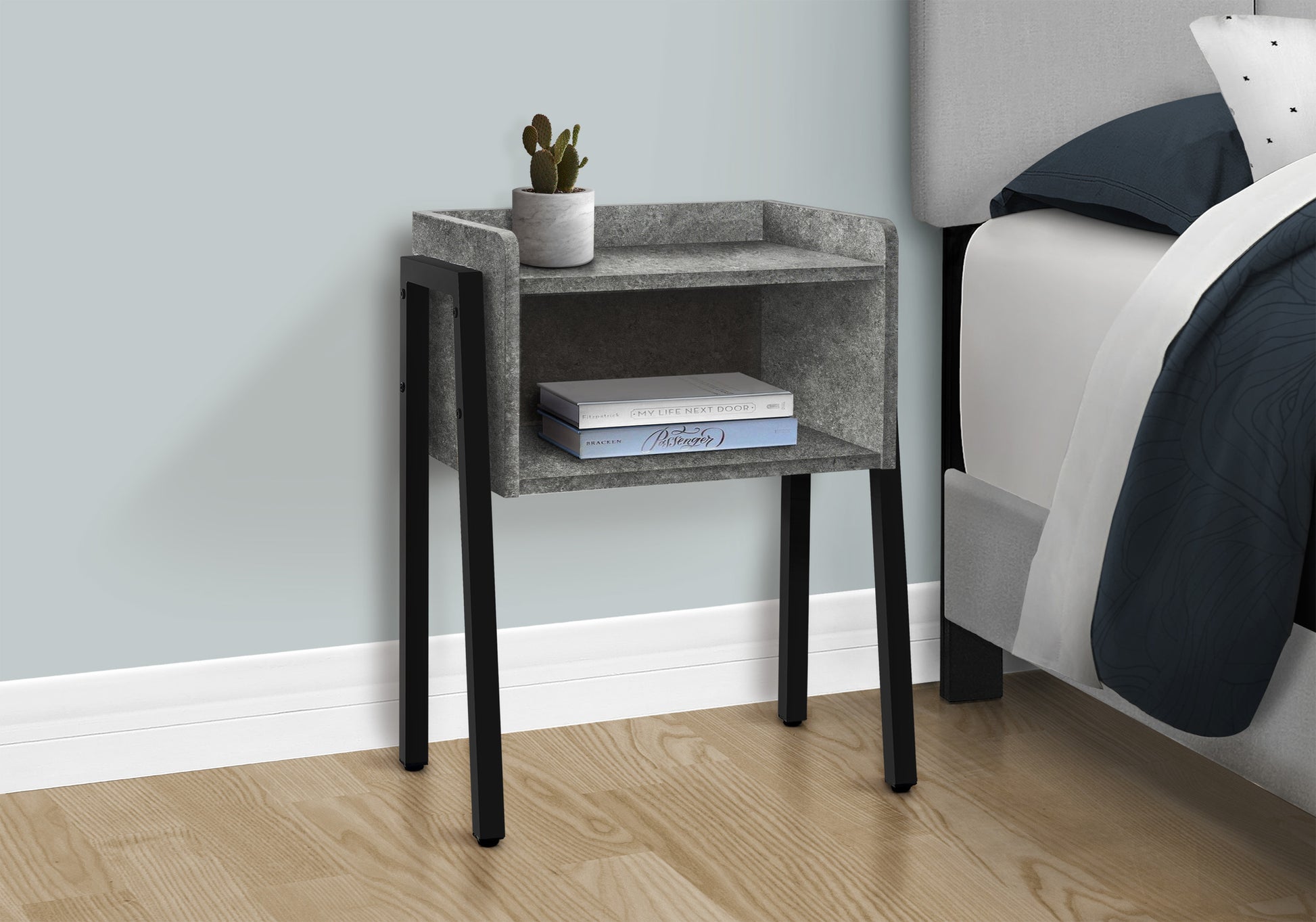 Accent Table, Side, End, Nightstand, Lamp, Living Room, Bedroom, Grey Laminate, Black Metal, Contemporary, Modern Grey Metal