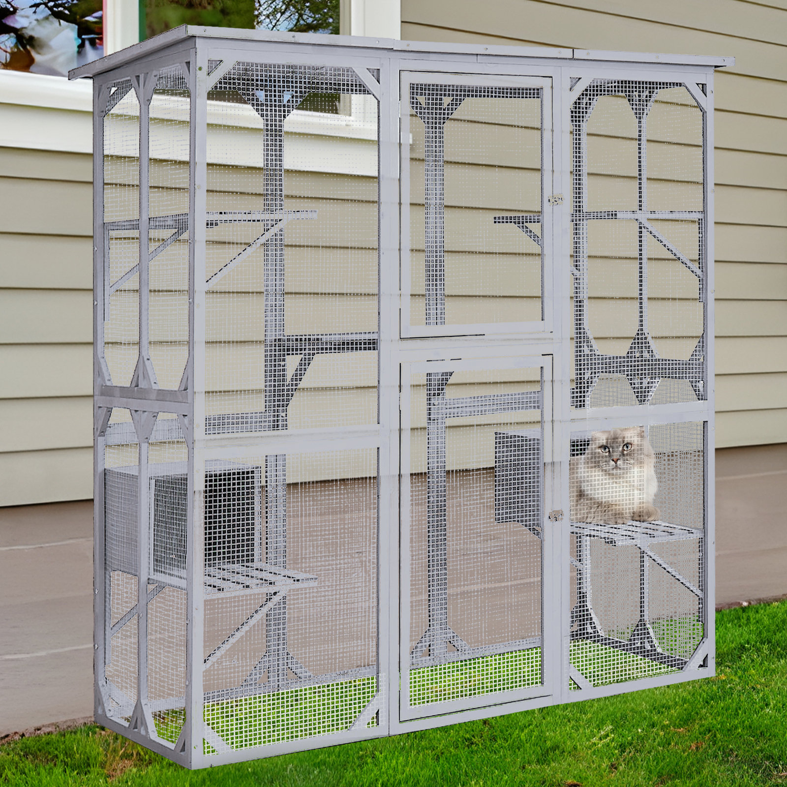 Catio Outdoor Cat Enclosure With Roof 72" Height Cat Wooden House Large Cat Cage With 3 Jumping Platforms And 2 Napping Houses For Cat Activity Grey Grey Outdoor Kennel Wood