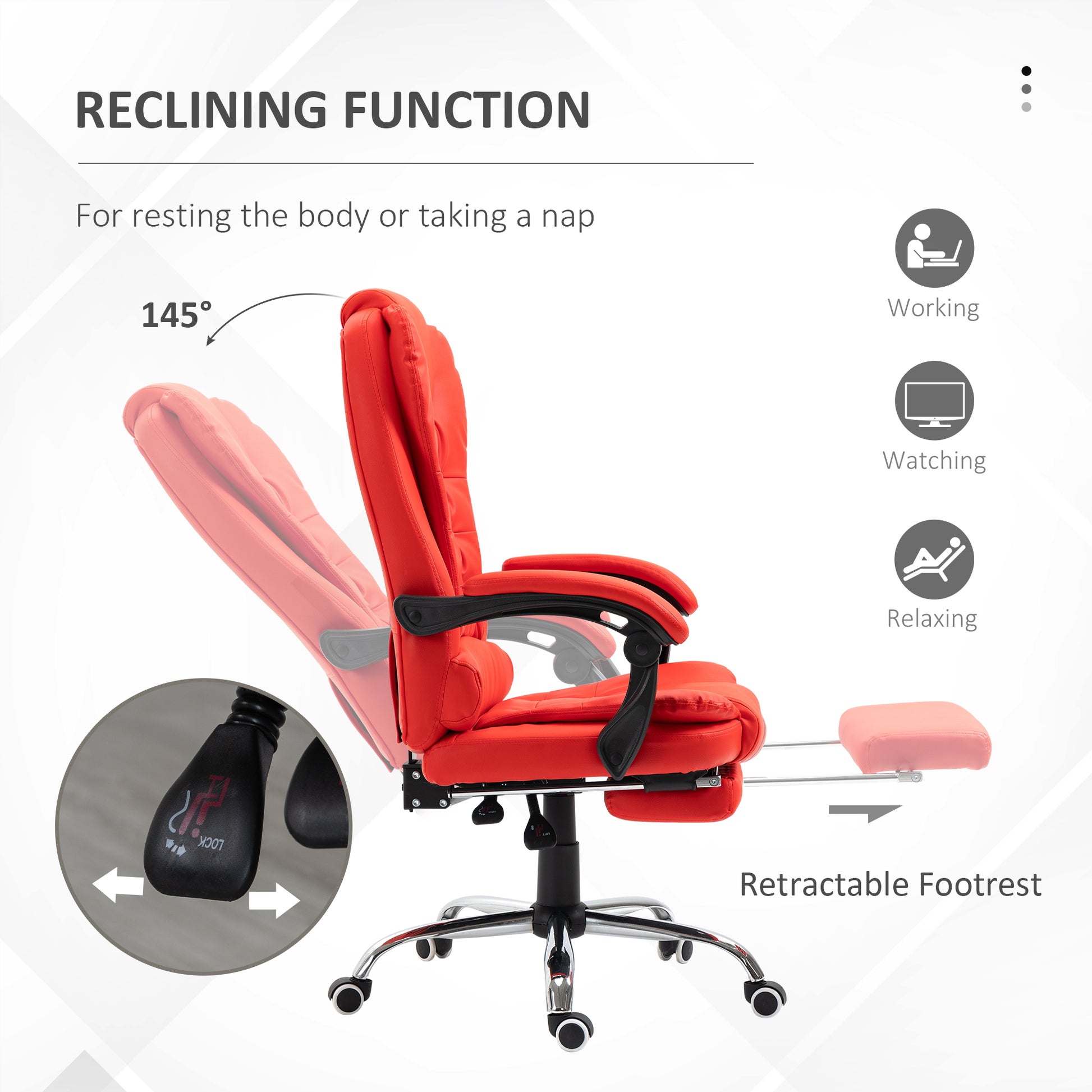 Homcom High Back Ergonomic Executive Office Chair, Pu Leather Computer Chair With Retractable Footrest, Lumbar Support, Padded Headrest And Armrest, Red Red Pu Leather