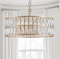 Modern Crystal Drum Chandelier, 6 Light Pendant Lighting Fixture With Golden Metal Frame For Living Room, Dining Room, And Bedroom Bulbs Not Included Gold Crystal Iron