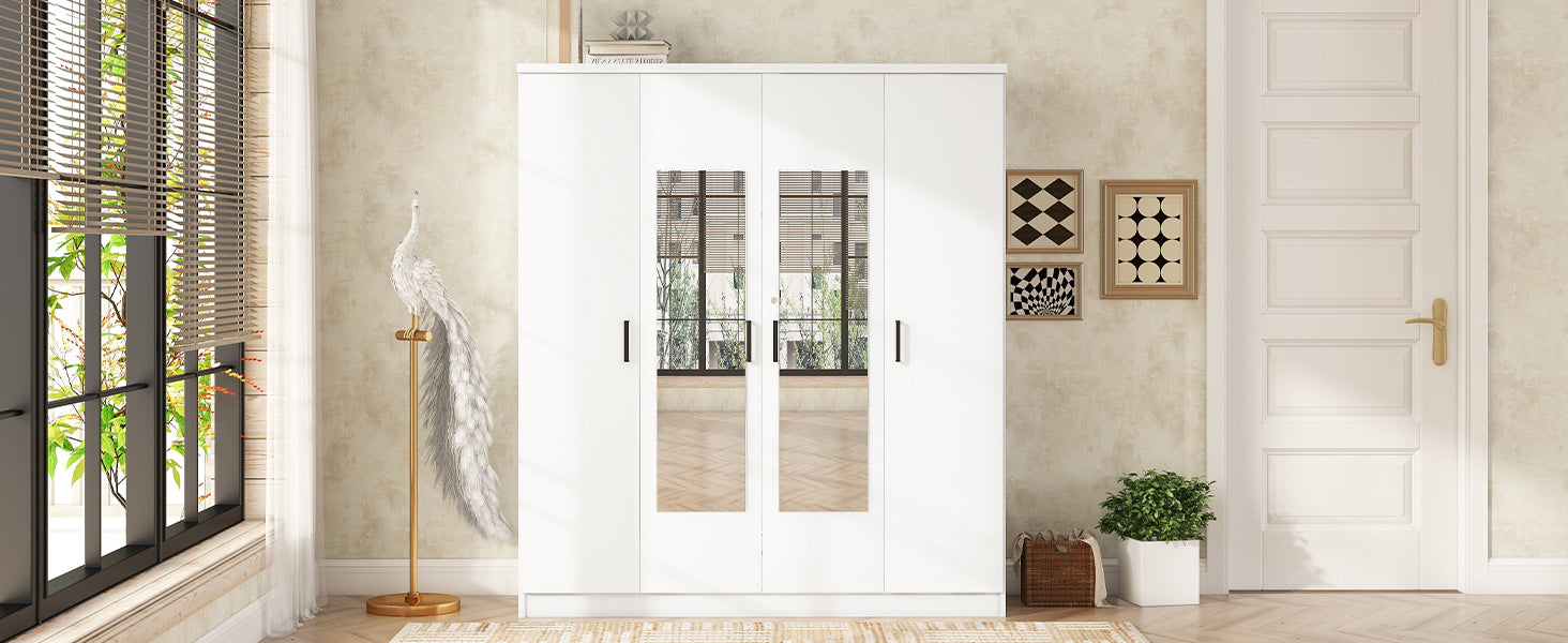 4 Door Mirror Wardrobe With Shelves, White White Plywood