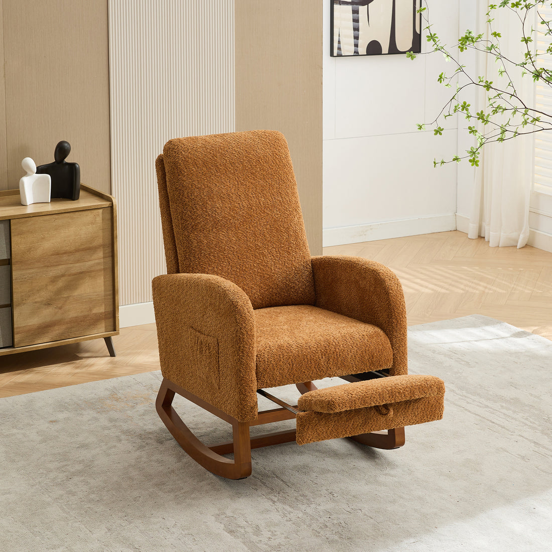 25.4"W Rocking Chair For Nursery, High Back Glider Chair With Retractable Footrest, Side Pocket, Rocking Accent Armchair With Rubber Wood Legs For Living Room Bedroom.Caramel Caramel Boucle