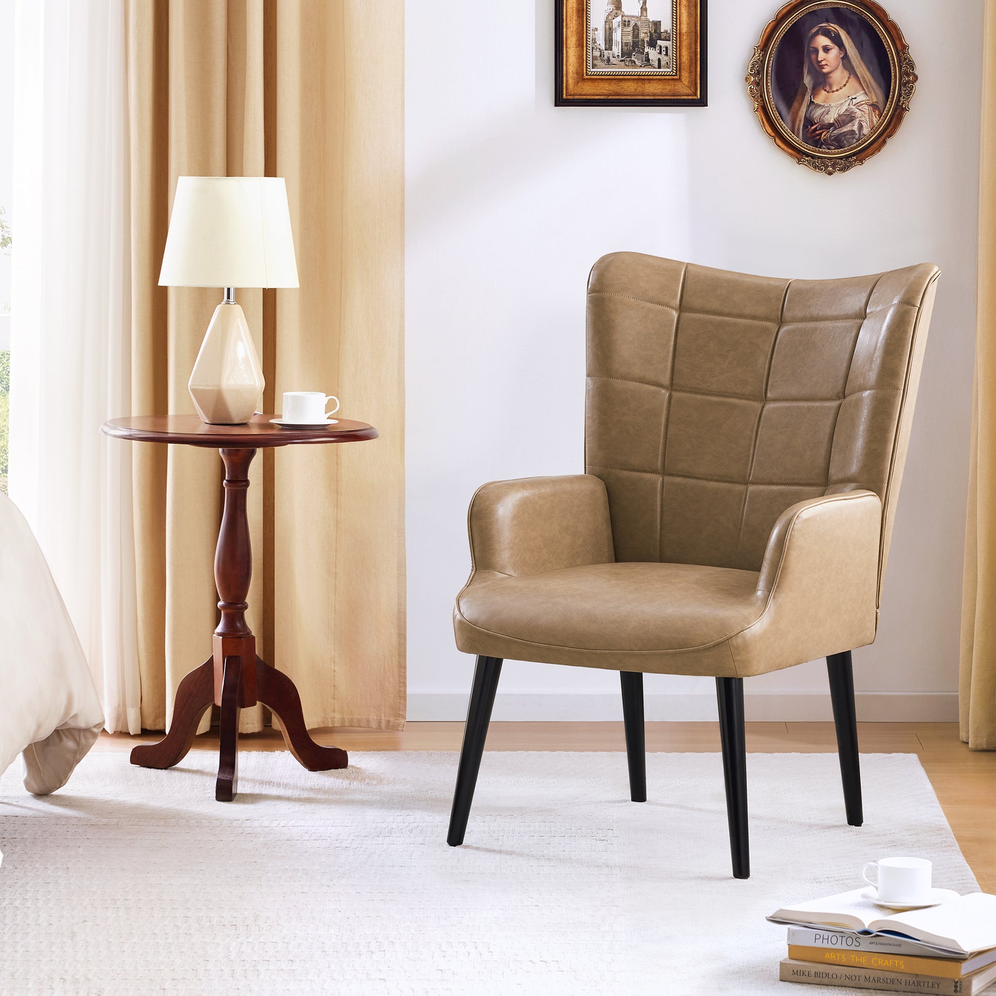 Pu Leather Accent Chair, Upholstered Living Room Chair With Soild Wood Leg, Reading Armchair For Living Room Bedroom Home Office, Amber Amber Brown Study Classic,Retro Birch Upholstered Polyester