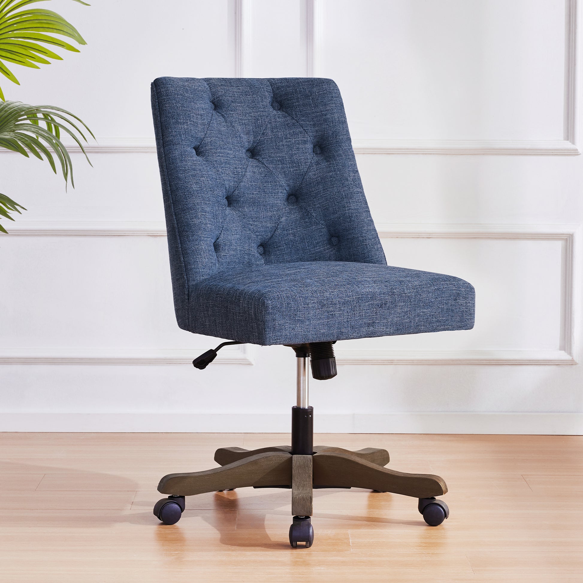 Upholstered Swivel Desk Chair, Armless Home Office Chair, Chenille Fabric Adjustable Height Computer Chair With Wheels For Study ,Blue Caster Solid Gray Office Handle Birch Wing Back Adjustable