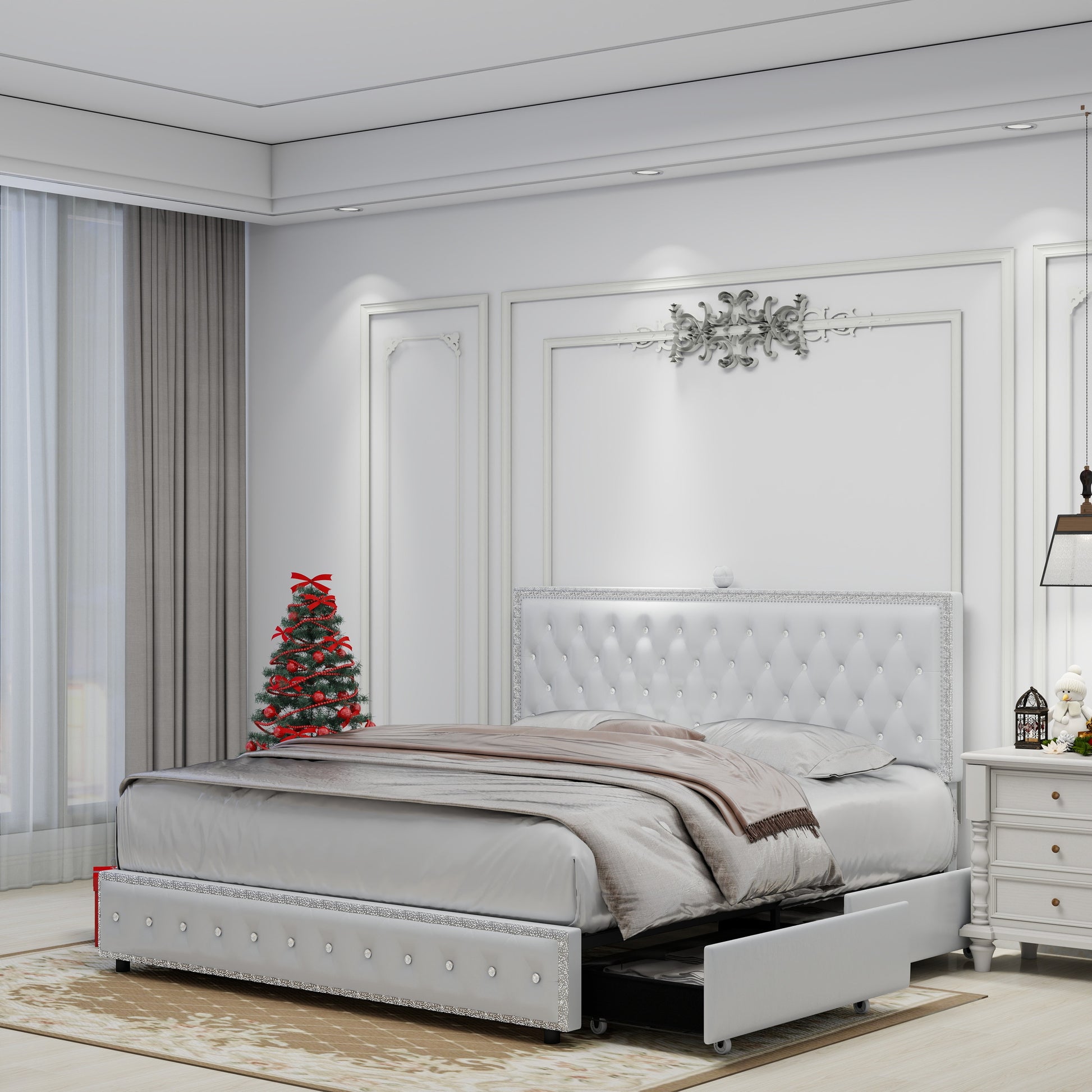 Queen Size Bed Frame With 4 Drawers, Star Galaxy Projector, Usb Charger, Music Speaker, Adjustable Upholstered Headboard With Diamond Button,Pu Leather White Pu Mdf Metal