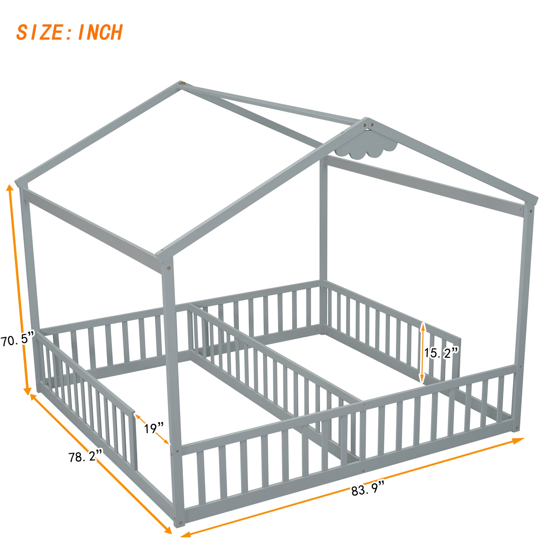 Double Twin House Style Floor Bed With Fence, Guardrails, Without Door, Grey Twin Grey American Design Pine