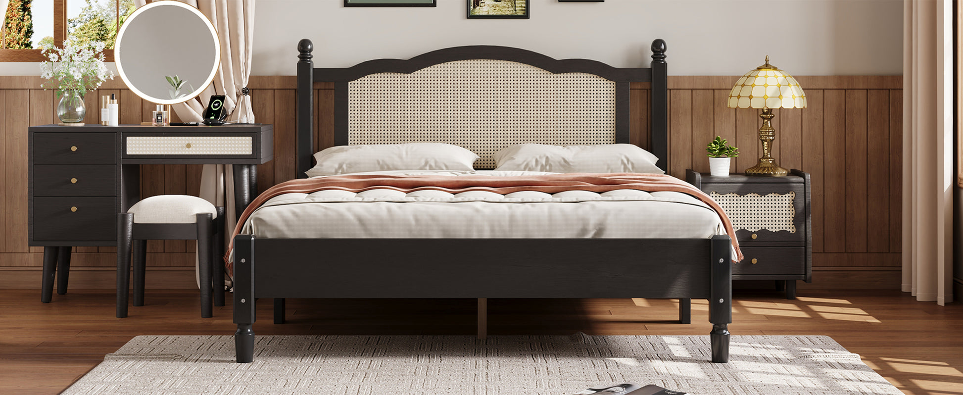 Queen Size Wooden Platform Bed With Natural Rattan Headboard, Vintage Bed Frame With Wooden Slat Support, Black Expected Arrival Time: 08.23 Box Spring Not Required Queen Black Wood
