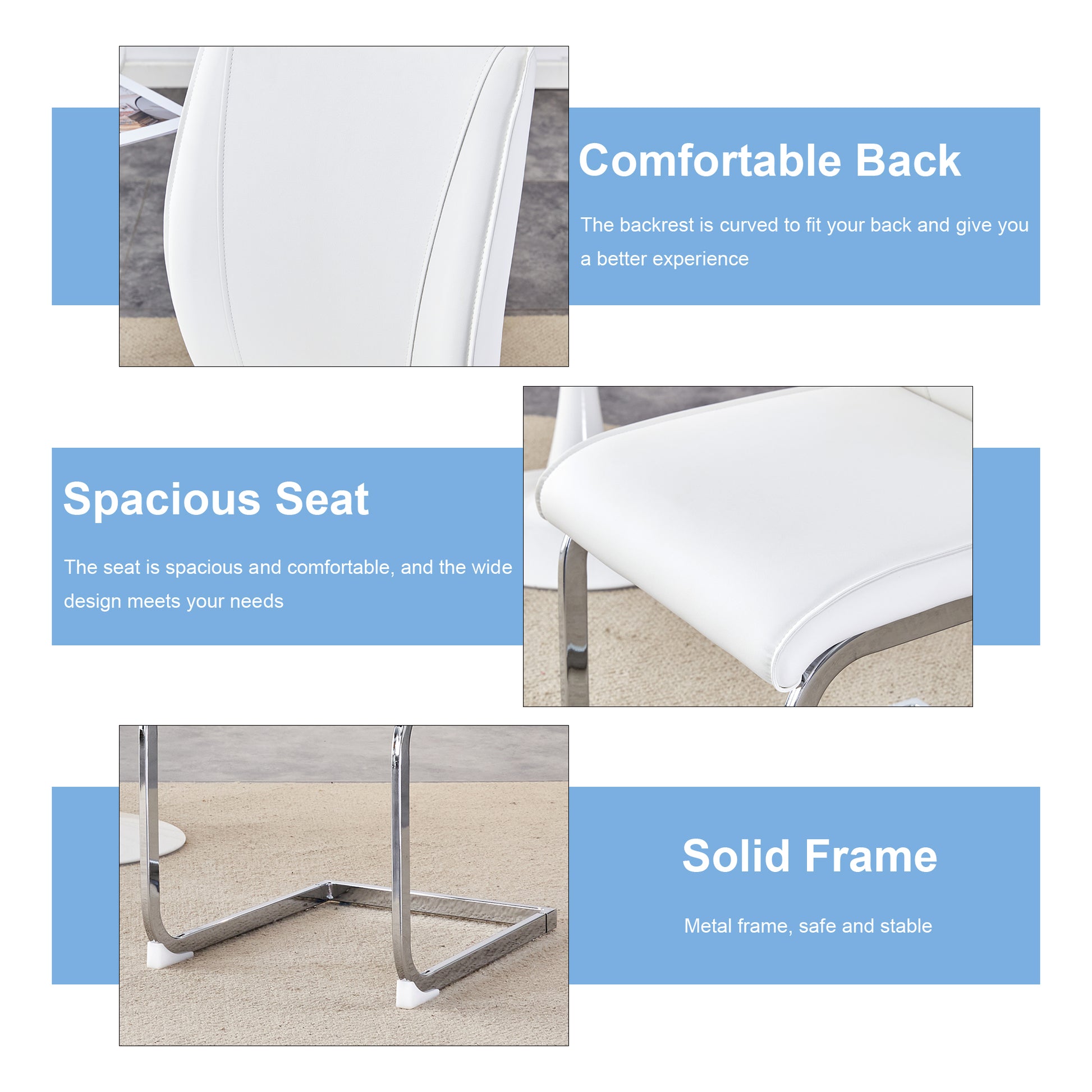 Luxury Simple Arch Chair Set Of 4 White Pu Material High Resilience Dining Chair With Arched Metal Silver Leg. White Silver Metal,Pu