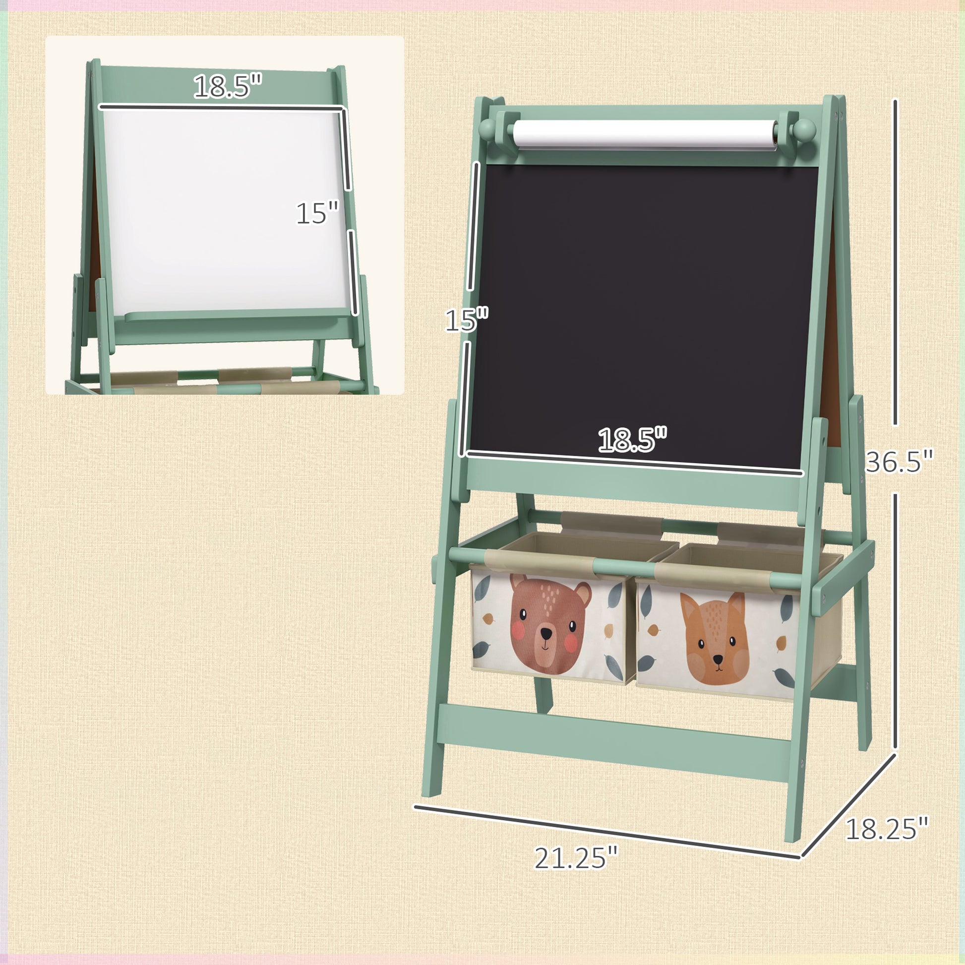 Qaba Art Easel For Kids With Paper Roll, 3 In 1 Toddler Painting Easel With Blackboard, Whiteboard, Storage Baskets, Green Green Mdf