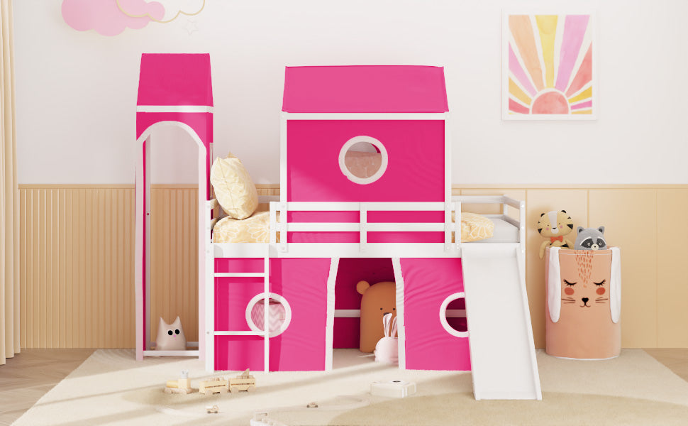 Twin Size Loft Bed With Slide Pink Tent And Tower Pink Old Sku:Wf298769Aah Twin Pink Solid Wood