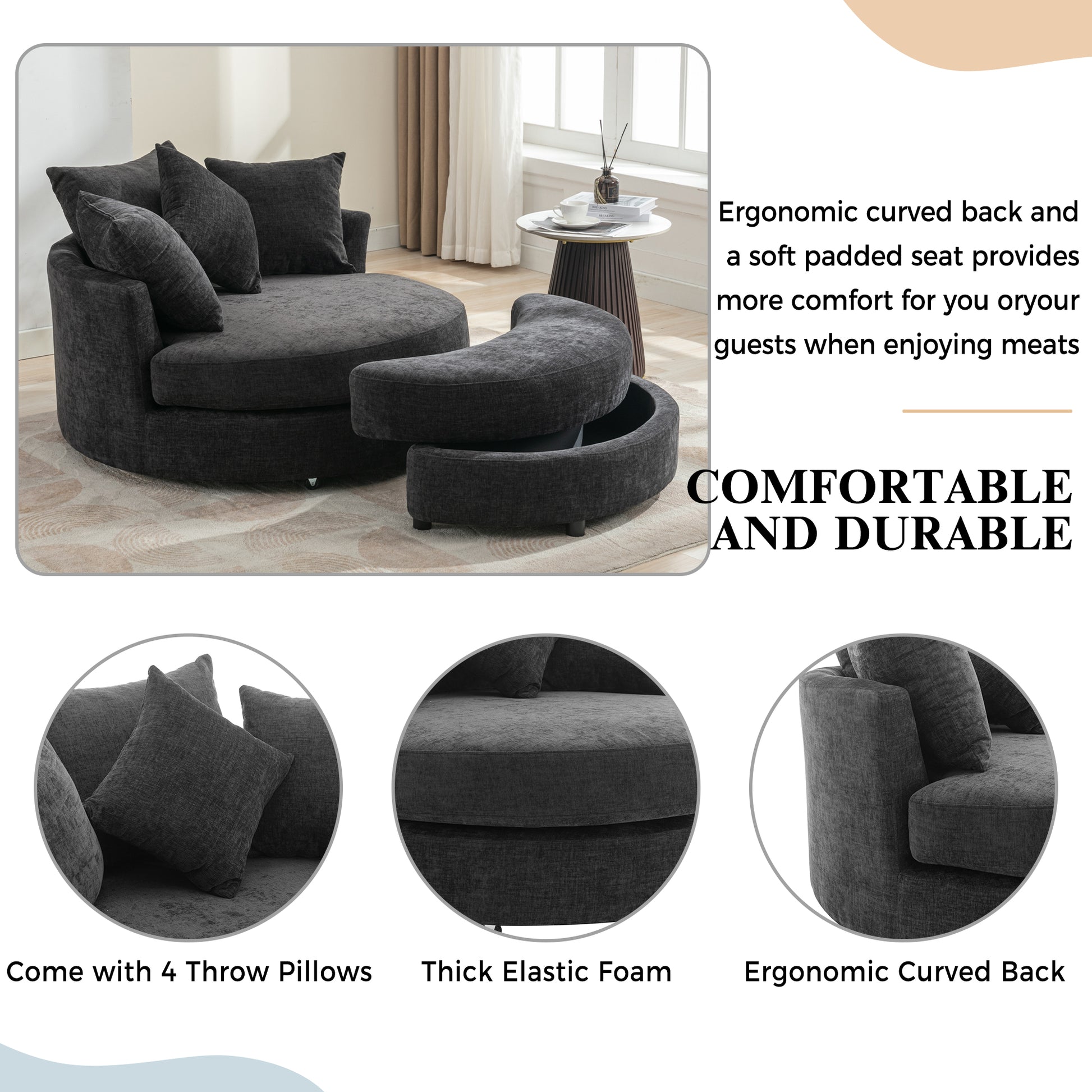 Orisfur. 360 Swivel Accent Barrel Chair With Storage Ottoman & 4 Pillows, Modern Chenille Leisure Chair Round Accent For Living Room, Gray Gray Foam Chenille