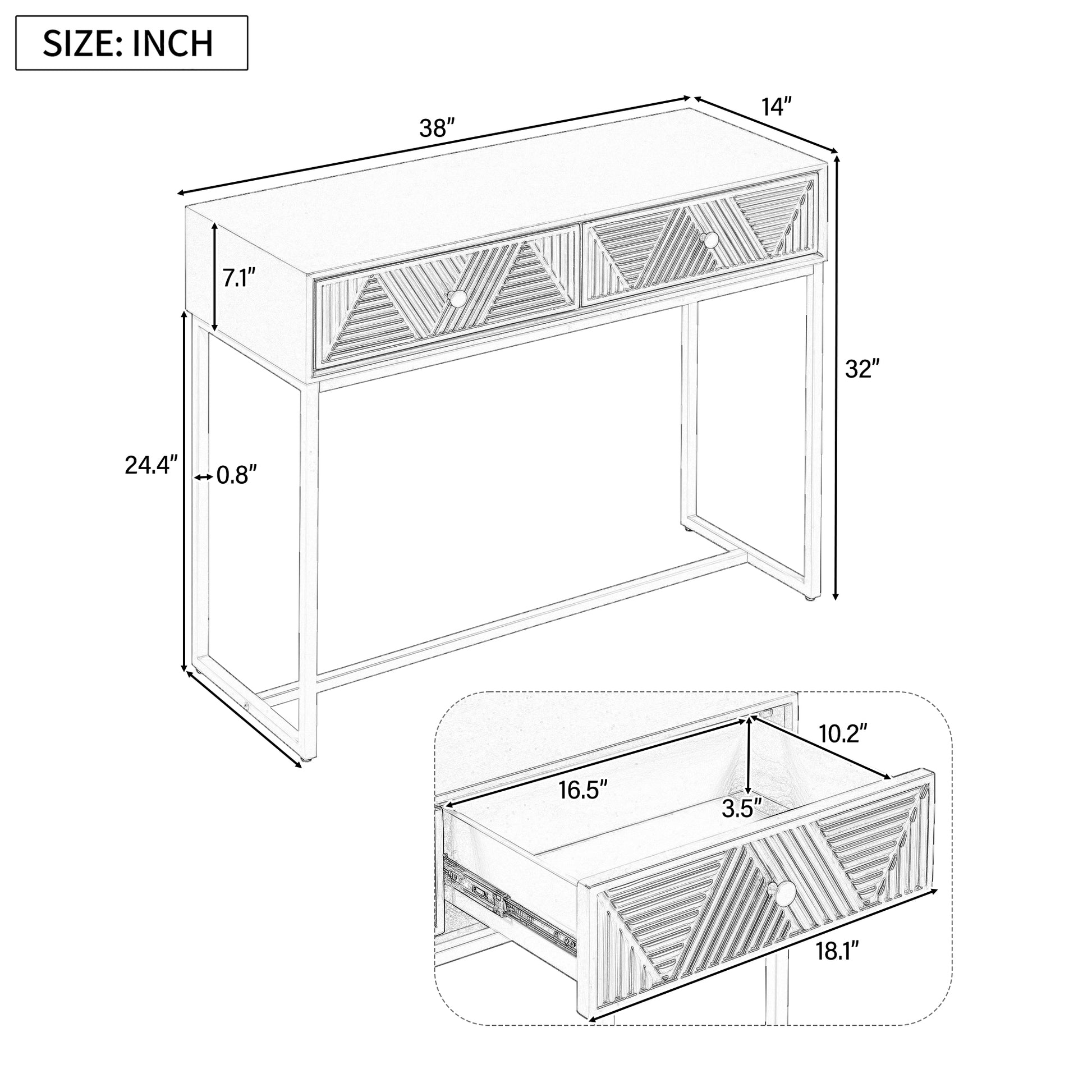 Modern Sleek Console Table Two Drawers With Stripe Design For Living Room And Entryway White White Mdf