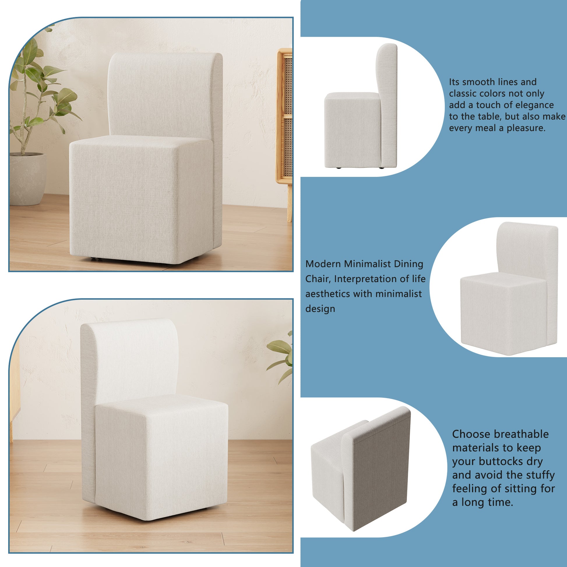 Two Piece Set Of Wheeled Dining Chairs, Modern Rolling Dining Chairs, Footstools With Wheels, Suitable For Bedrooms, Reading Rooms, Living Rooms, Beige Linen Chairs Beige Foam Linen