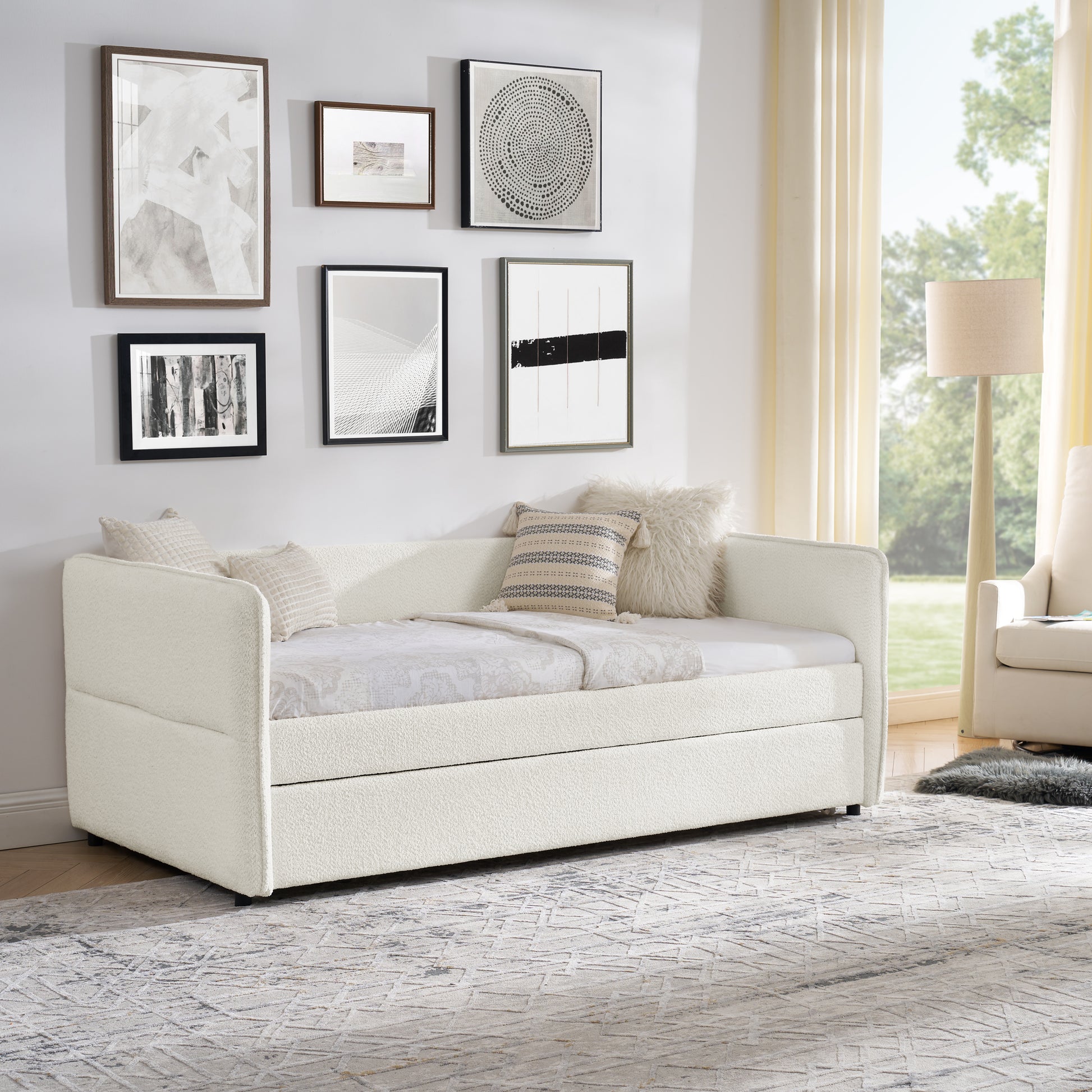 Daybed With Trundle Upholstered Tufted Sofa Bed, Twin Size, Boucle Fabric, Beige 83"X43"X29.5" Beige Boucle