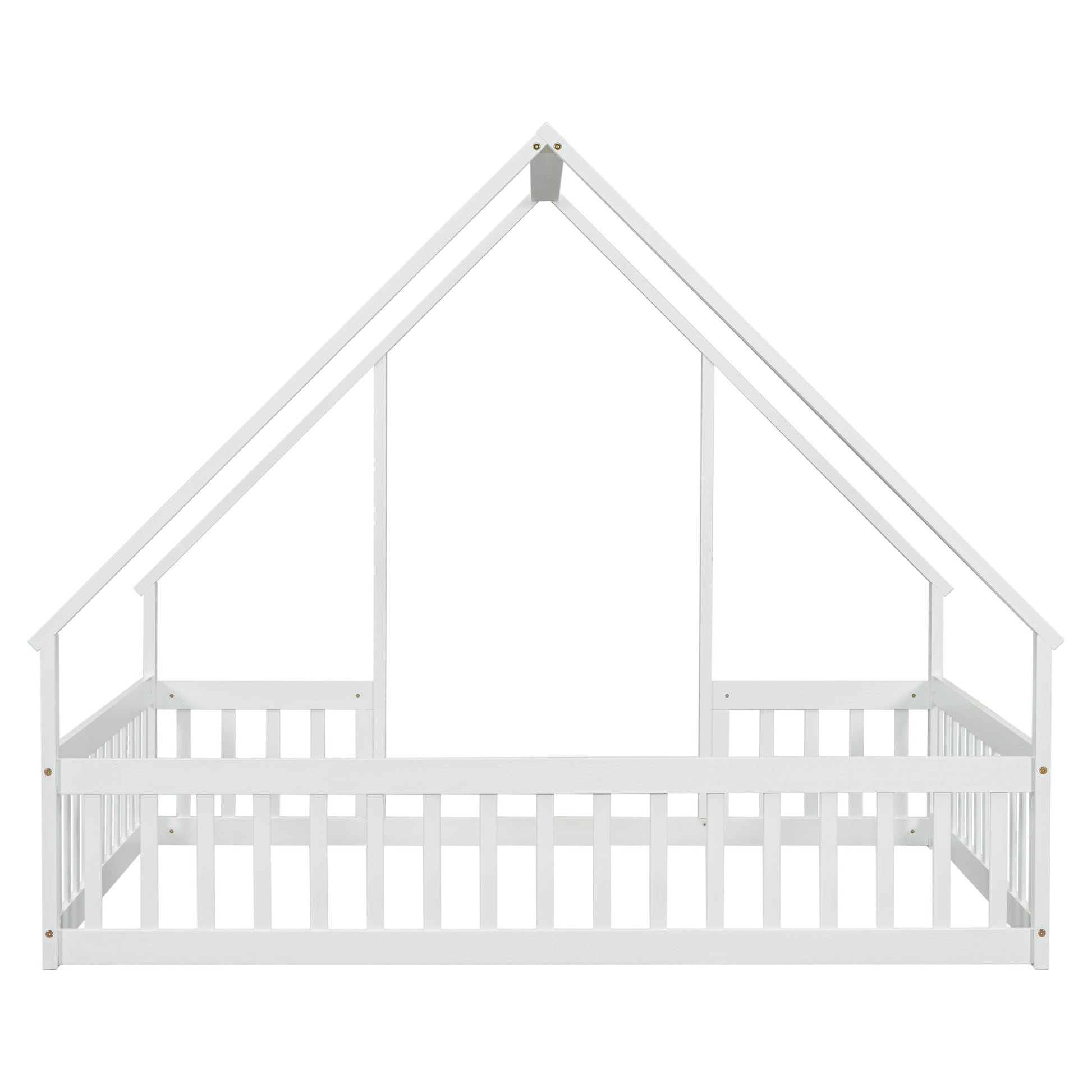 Full Wood House Shaped Floor Bed With Fence, Guardrails,White Full White American Design Pine