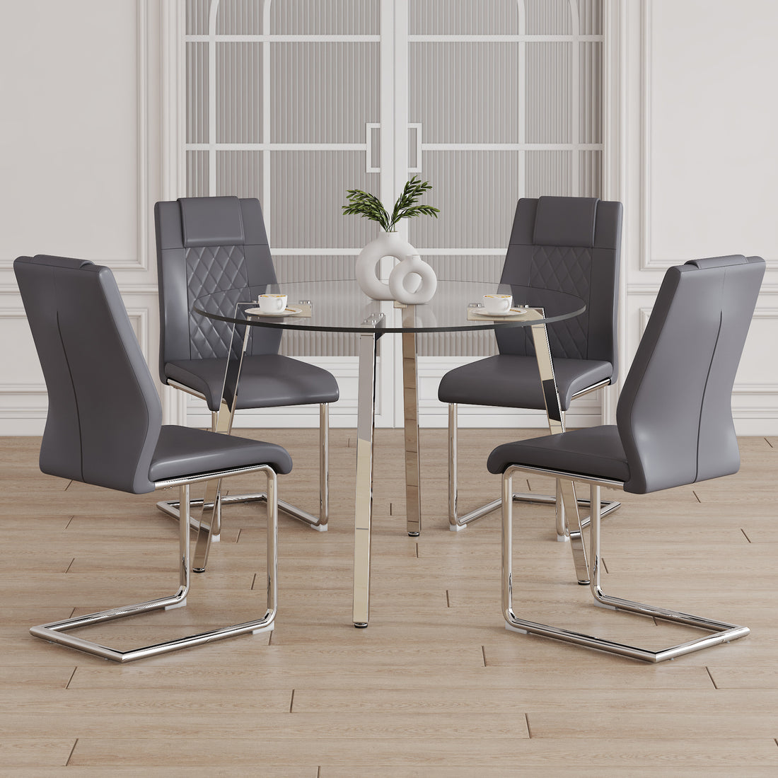 Table And Chair Set.A Modern Minimalist Style Round Clear Tempered Glass Table With Silver Metal Legs.And 4 Dark Gray Chairs With Modern Pu Leather High Back Upholstered And C Tube Chrome Legs. Dark Gray,Silver Seats 4 Glass Metal