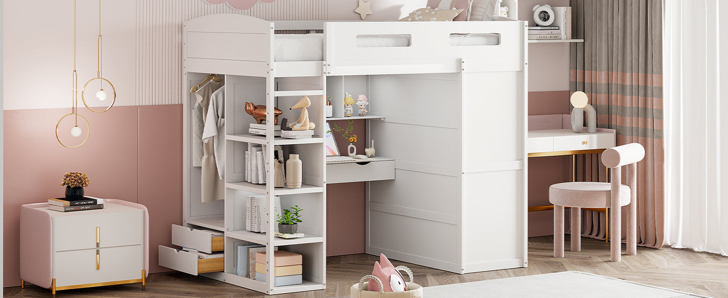 Twin Size Loft Bed With Desk, Wardrobes, 4 Drawers And 4 Shelves White Twin White Solid Wood