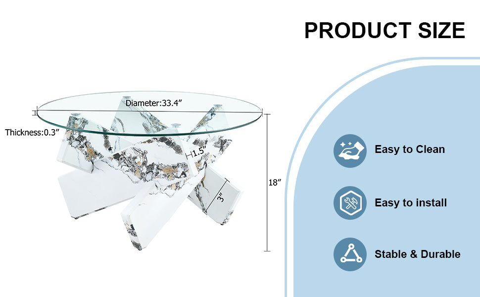 Round Glass Coffee Table, 33.4 "Modern Design Unique Coffee Table. Tempered Glass Countertop With White Patterned Mdf Legs. Suitable For Living And Dining Rooms White Mdf Glass