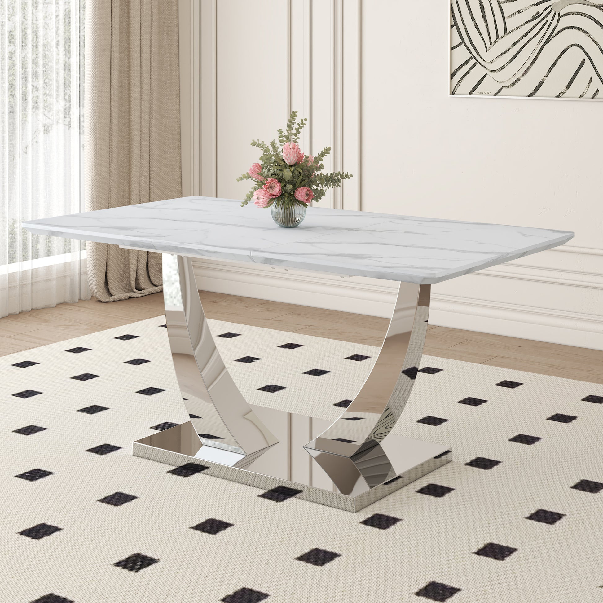 Modern Minimalist Rectangular Dining Table,White Marble Patterned Tabletop,Silver Table Legs. Used In Kitchen,Dining Room,And Living Room. Silver Mdf