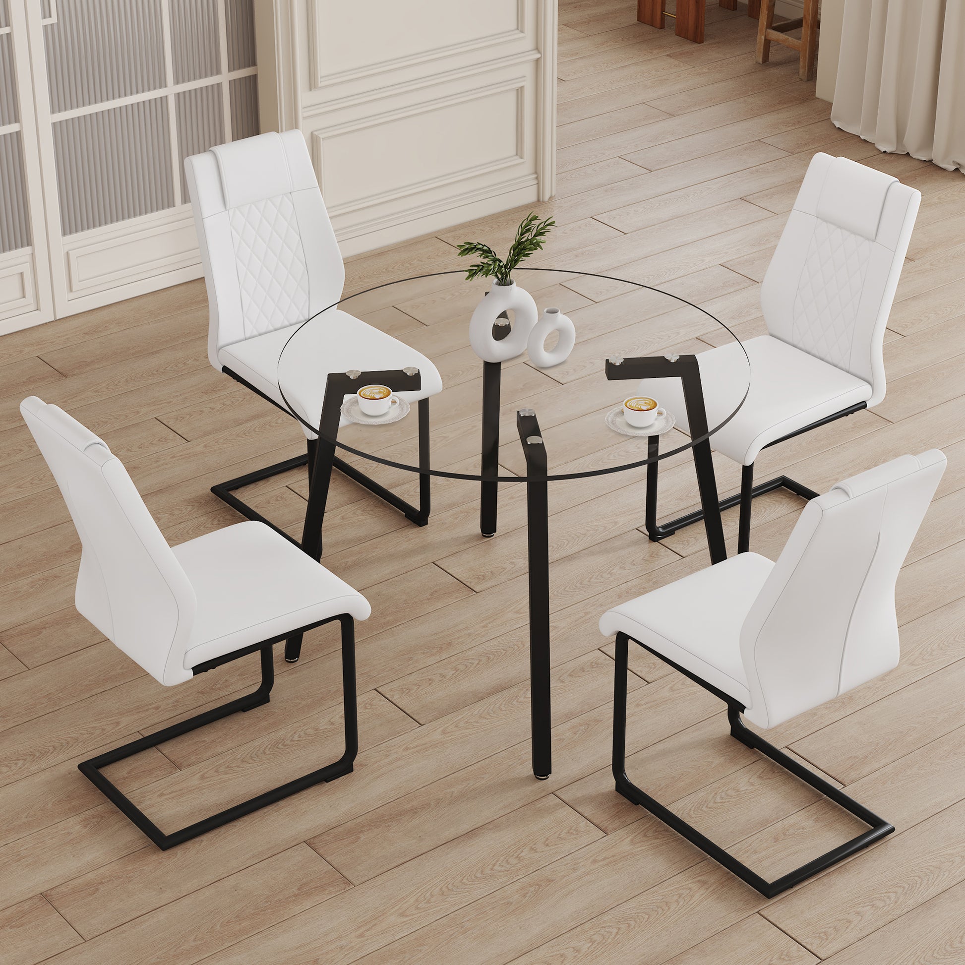 Table And Chair Set.A Modern Minimalist Style Round Clear Tempered Glass Table With Black Metal Legs.Paried With 4 Chairs With Modern Pu Leather High Back Upholstered And C Tube Black Metal Legs. White Black Seats 4 Glass Metal