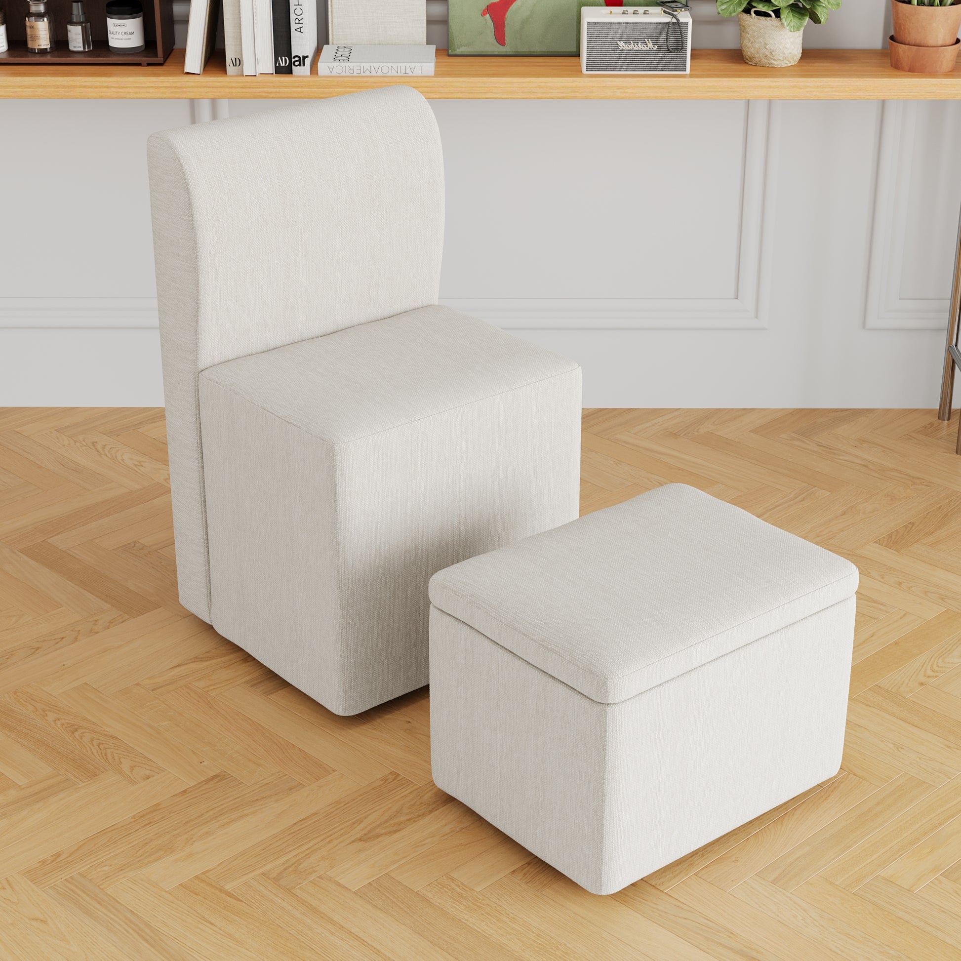 Two Piece Set Of Wheeled Dining Chairs, Modern Rolling Dining Chairs, Footstools With Wheels, Suitable For Bedrooms, Reading Rooms, Living Rooms, Beige Linen Chairs Beige Foam Linen