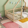 Twin Wood House Shaped Floor Bed With Fence, Guardrails ,Natural Twin Natural American Design Pine