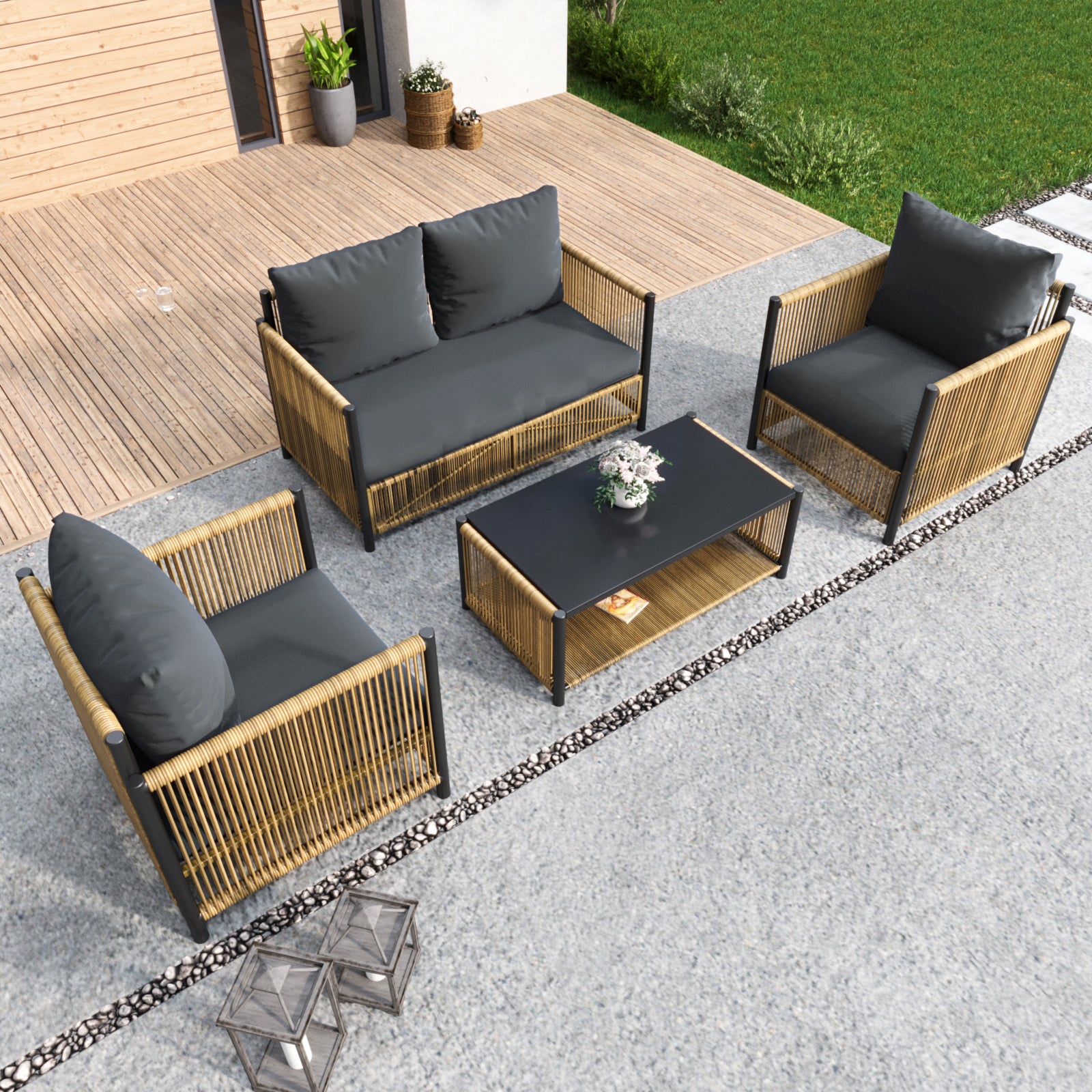 Comming Patio 4 Pieces Brown Pe Wicker Sofa Set With Grey Cushion Yes Complete Patio Set Black Brown Seats 4 Garden & Outdoor Modern Sofa Seating Groups Foam Steel