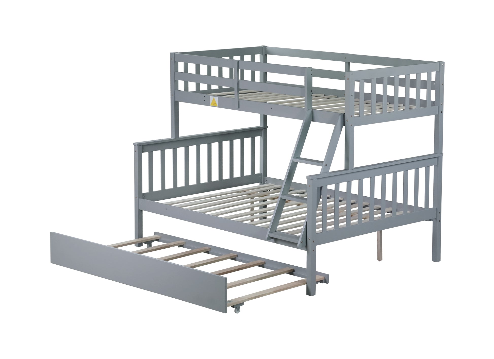 Twin Over Full Rubber Wood Bunk Bed With Trundle, Convertible Ladder And Guardrail, Detachable, Convertible Bed, With Twin Size Trundle ,Grey Twin Grey Rubber Wood