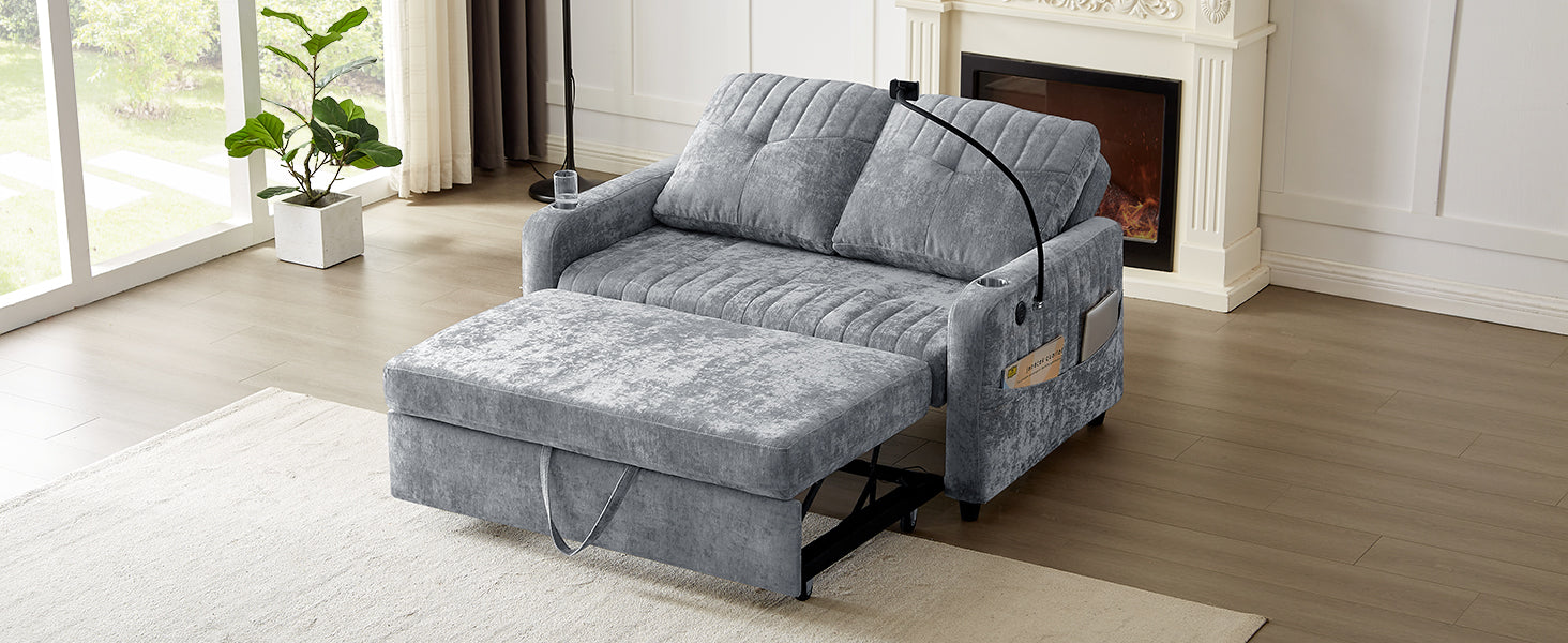 53.9" Modern Loveseat Pull Out Sofa Bed With Adjustable Backrest, Two Cup Holdersa Phone Holder, Three Charging Ports And Side Storage Pockets For Living Room, Grey Grey Foam Chenille