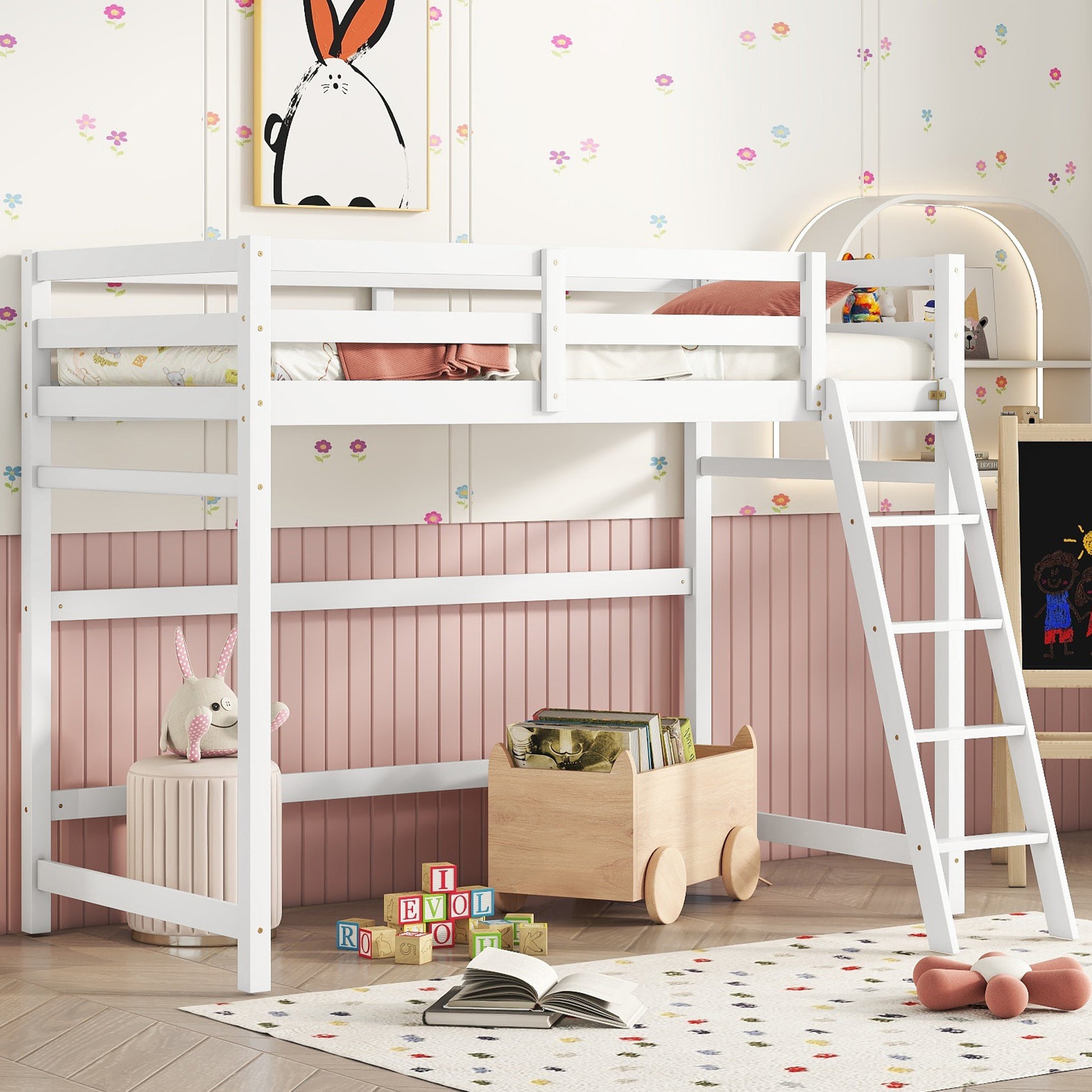 Twin Size High Loft Bed With Inclined Ladder, Guardrails,White Twin White American Design Pine