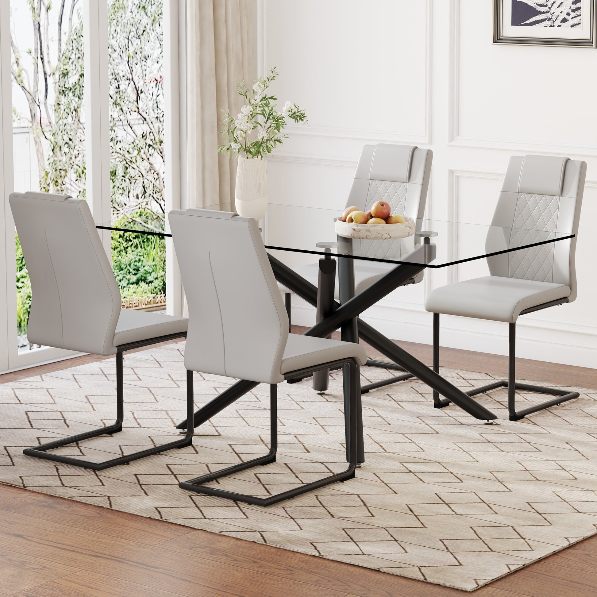 Table And Chair Set.Modern Rectangular Glass Dining Table With 0.39" Tempered Glass Tabletop And Black Metal Legs.Paired With Multiple Chairs Designed With Pu Cushions And Black Metal Legs. Black Grey Seats 4 Tempered Glass