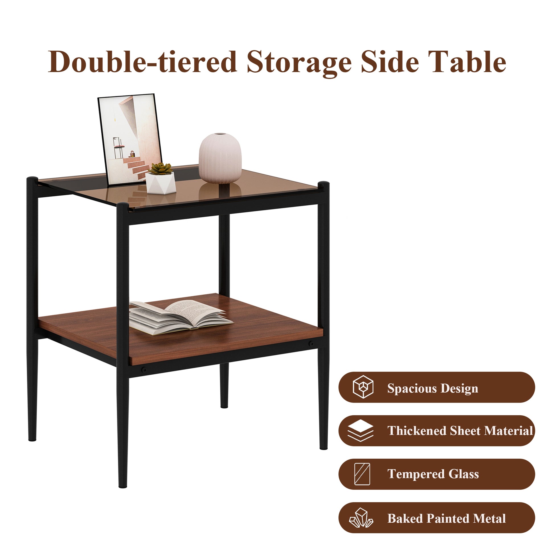 Set Of 2 Rectangle End Table, Tempered Glass Tabletop With Mdf Layer, Modern Table For Living Roombrown Glass Brown Tempered Glass