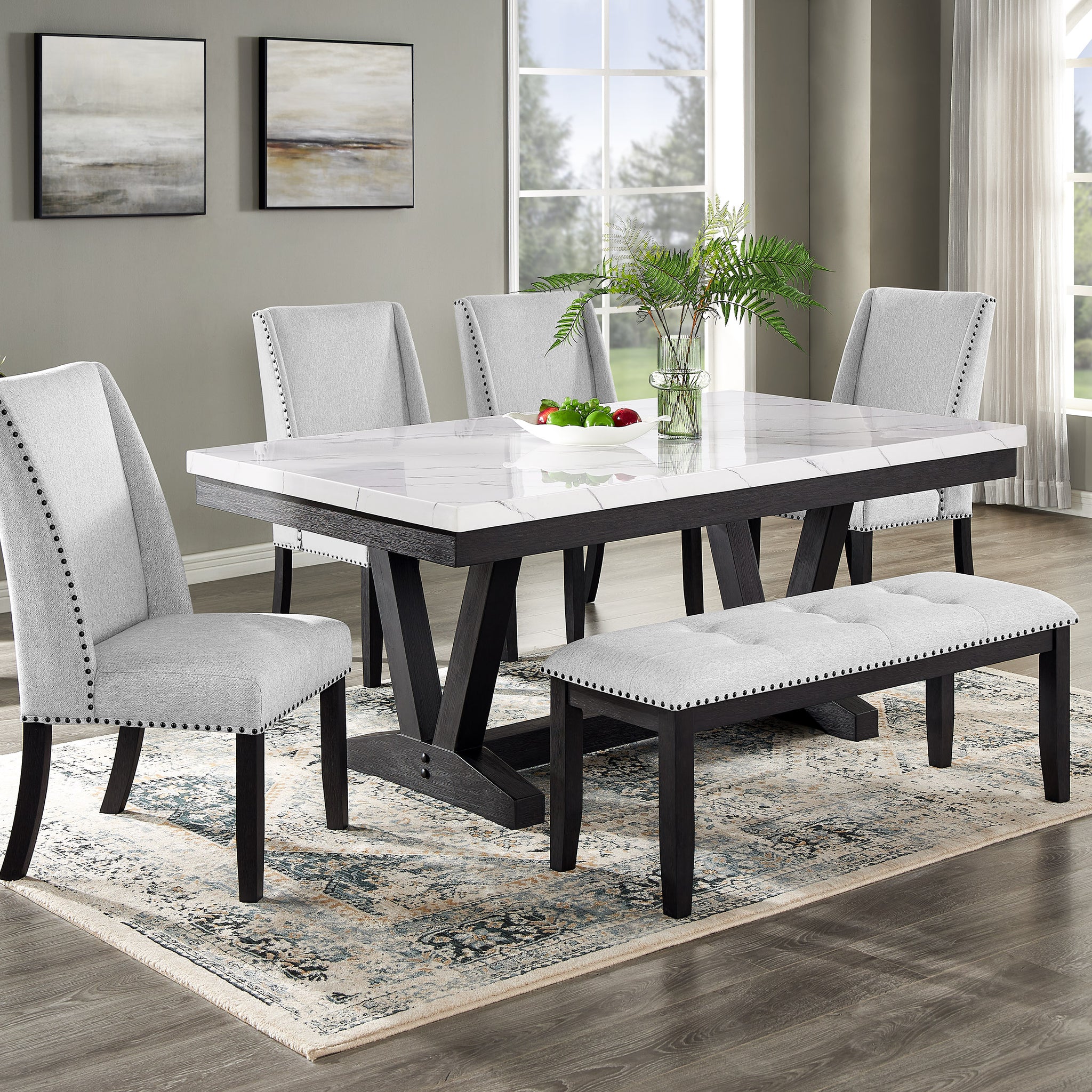 6Pc Dining Set Contemporary Style White Faux Marble Rectangular Table Top Dove Gray Upholstery Chairs Tufted Bench Black Finish Wooden Solid Wood Dining Room Furniture Wood Wood Gray Seats 6 Wood Dining Room Contemporary,Modern,Transitional Trestle