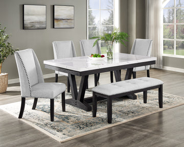 6Pc Dining Set Contemporary Style White Faux Marble Rectangular Table Top Dove Gray Upholstery Chairs Tufted Bench Black Finish Wooden Solid Wood Dining Room Furniture Wood Wood Gray Seats 6 Wood Dining Room Contemporary,Modern,Transitional Trestle