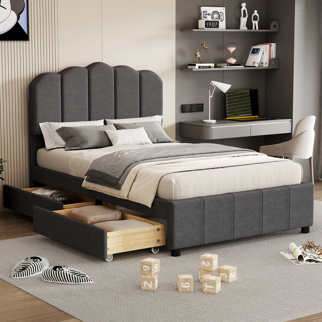 Twin Size Upholstered Bed With 2 Storage Drawers,Wood Slat Support, Gray Twin Gray Upholstered