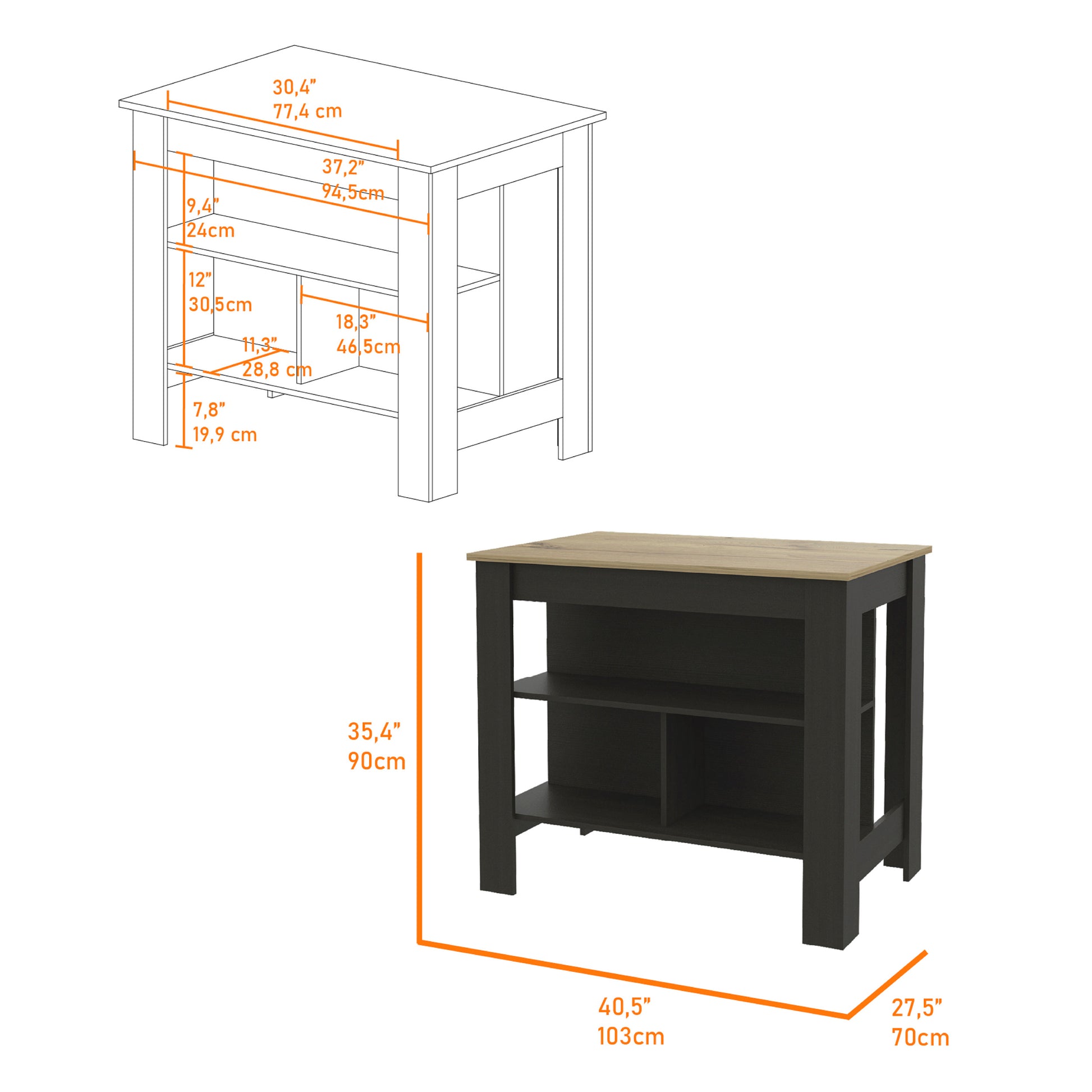 Kitchen Island, Kitchen Table 35" H, Four Legs, Three Open Storage Shelves, Black Light Oak Multicolor Particle Board Particle Board