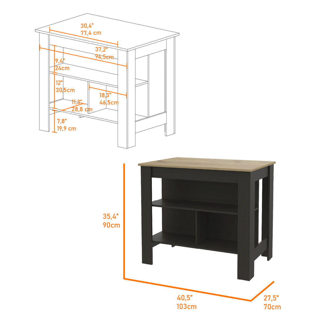 Kitchen Island, Kitchen Table 35" H, Four Legs, Three Open Storage Shelves, Black Light Oak Multicolor Particle Board Particle Board