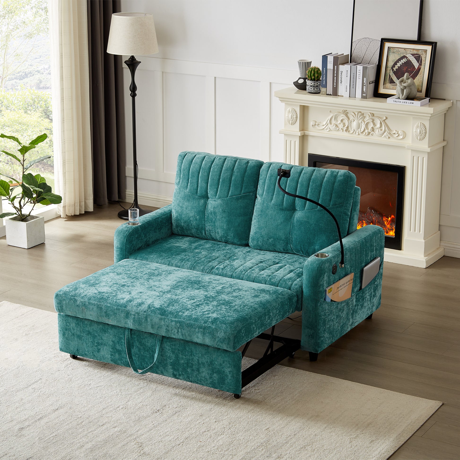 53.9" Modern Loveseat Pull Out Sofa Bed With Adjustable Backrest, Two Cup Holdersa Phone Holder, Three Charging Ports And Side Storage Pockets For Living Room, Teal Teal Foam Chenille